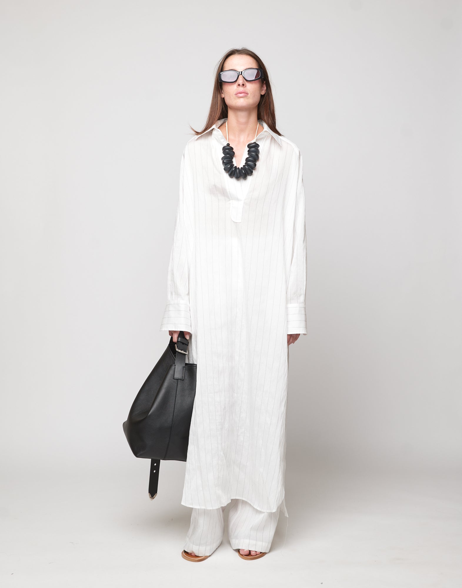 DOUUOD Abito Polo Lungo in Gessato Lyocell