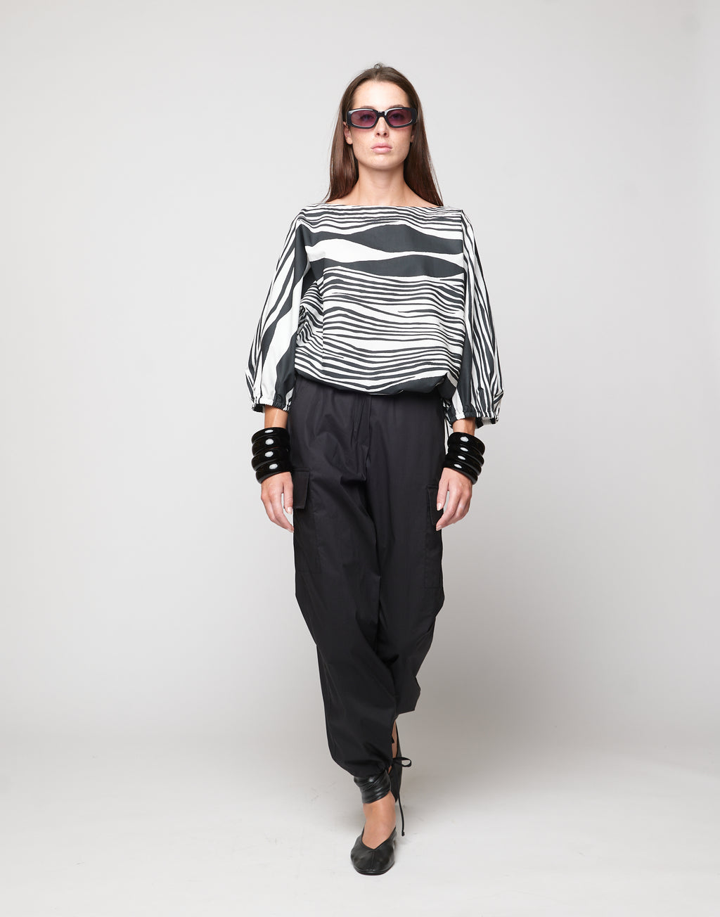 DOUUOD Blusa Kimono in Popeline di Cotone Stampato Off White/Nero