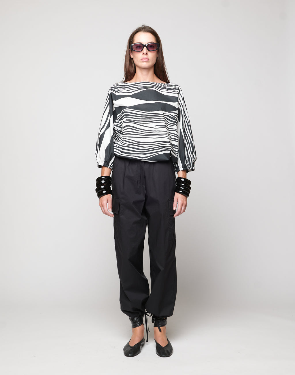 DOUUOD Blusa Kimono in Popeline di Cotone Stampato Off White/Nero