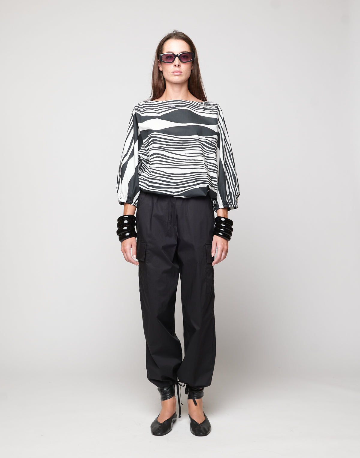 DOUUOD Blusa Kimono in Popeline di Cotone Stampato Off White/Nero