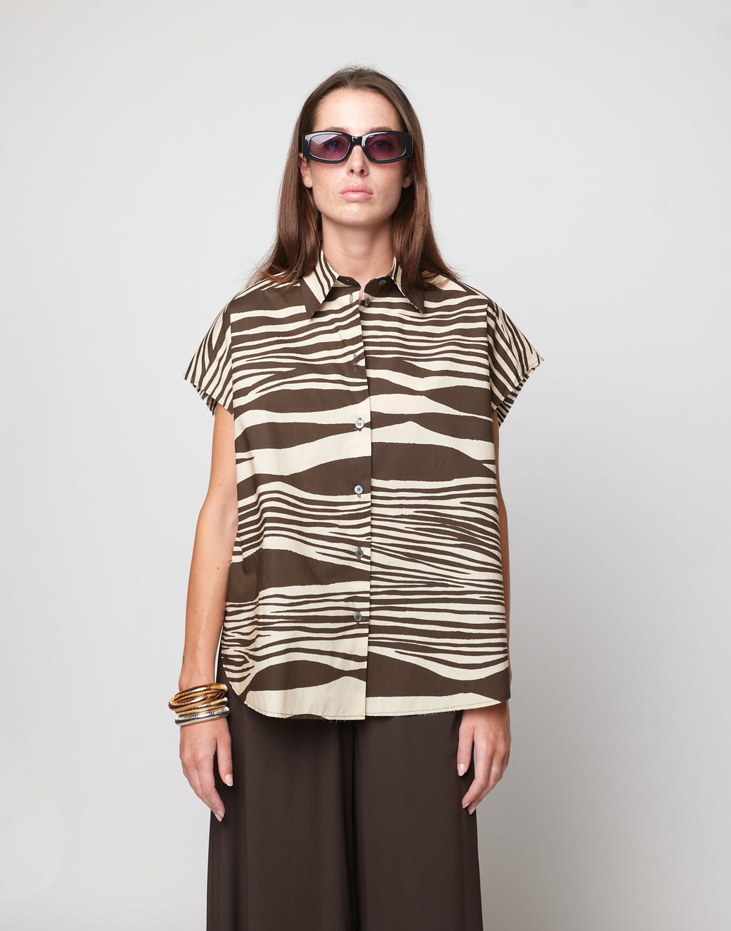 DOUUOD Camicia Over Smanicata in Popeline di Cotone Stampato Orzo/Fondente