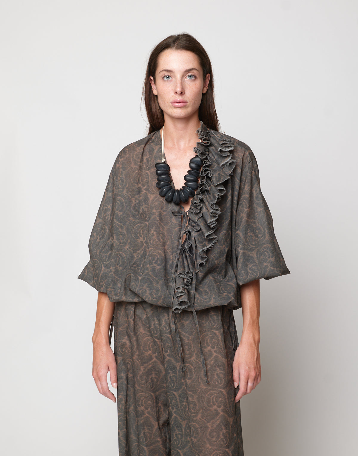 DOUUOD Blusa Ampia in Mussola di Cotone Stampa Cashmere Ghisa