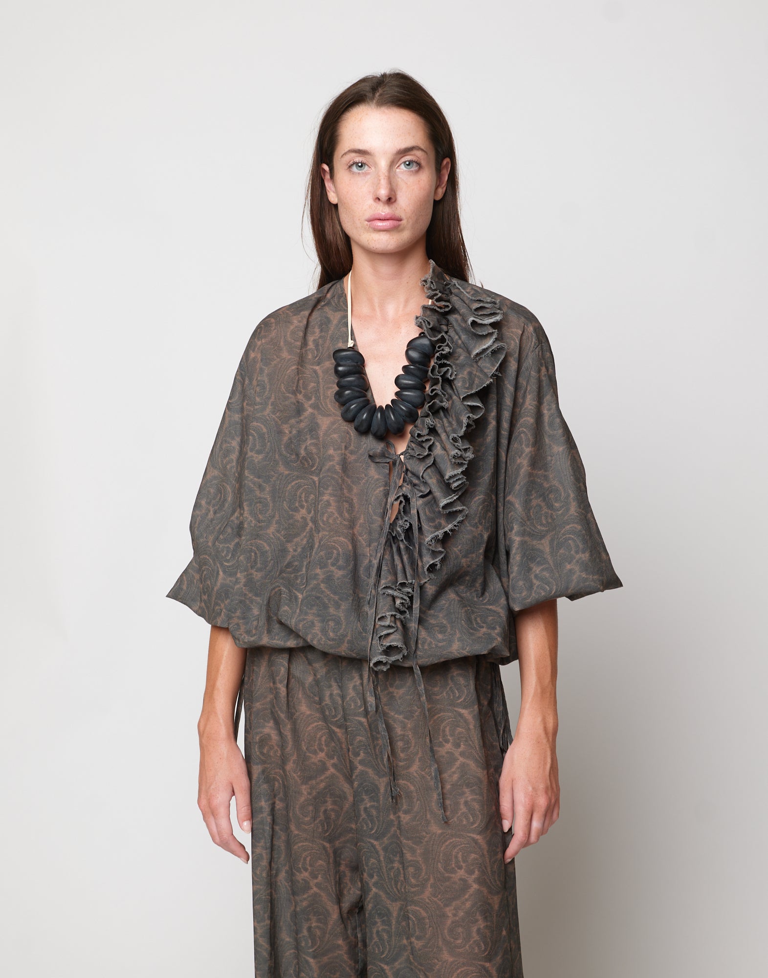DOUUOD Blusa Ampia in Mussola di Cotone Stampa Cashmere Ghisa