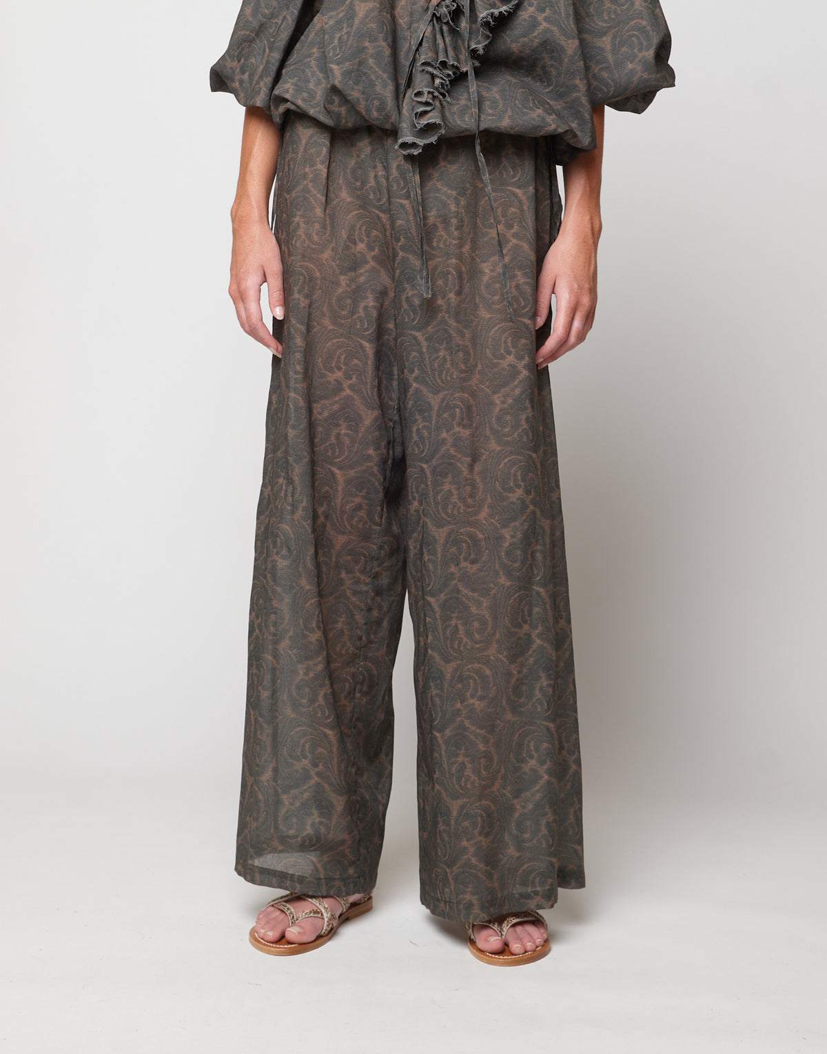 DOUUOD Pantaloni Wide-Leg in Mussola di Cotone Stampa Cashmere Ghisa