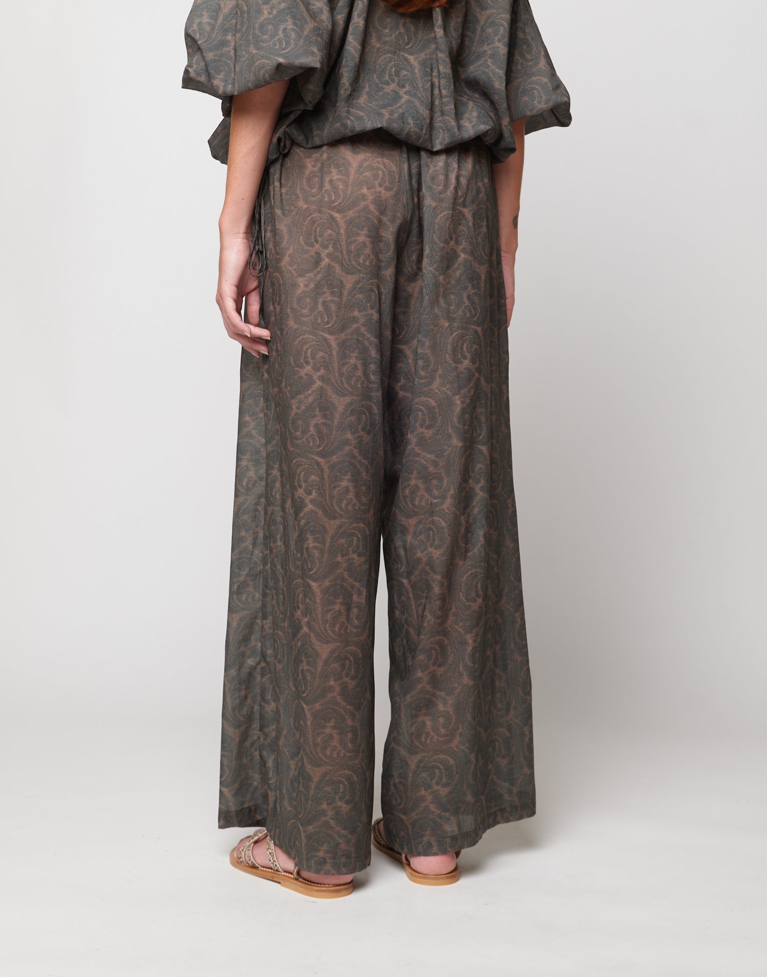 DOUUOD Pantaloni Wide-Leg in Mussola di Cotone Stampa Cashmere Ghisa