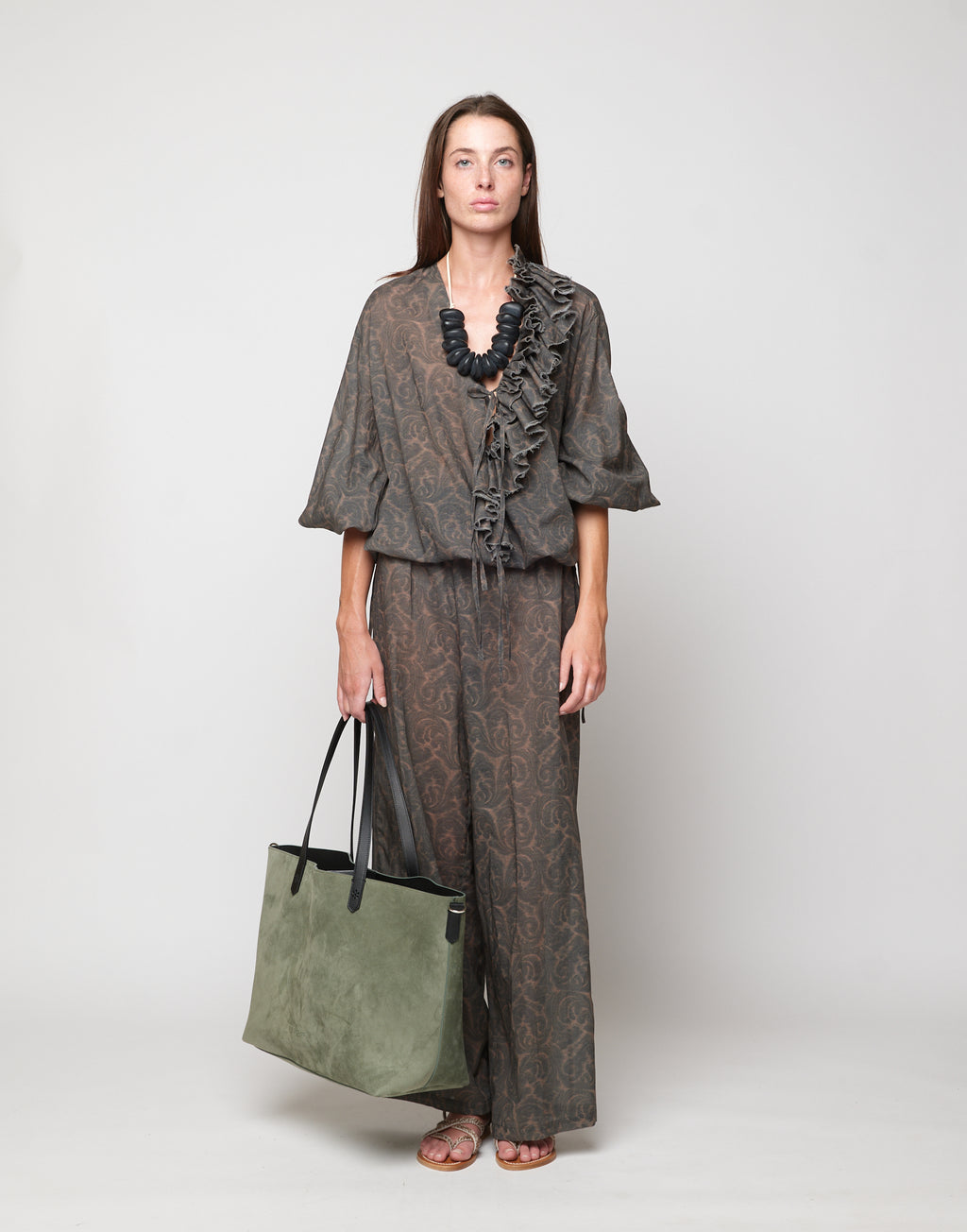 DOUUOD Pantaloni Wide-Leg in Mussola di Cotone Stampa Cashmere Ghisa