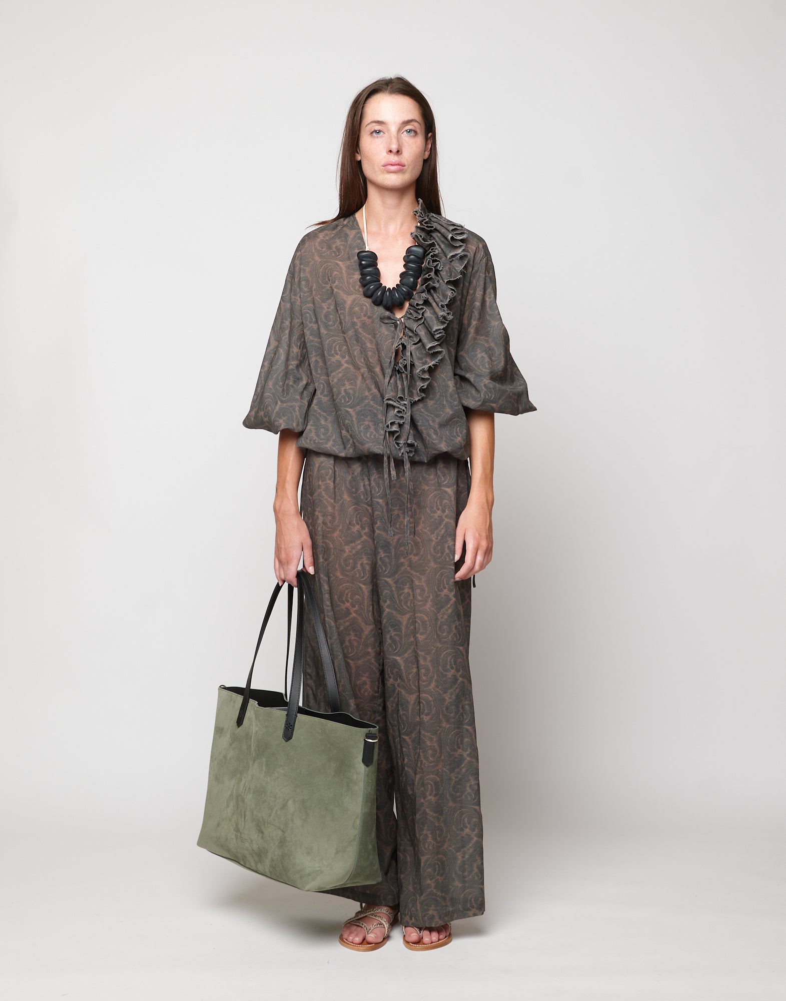 DOUUOD Pantaloni Wide-Leg in Mussola di Cotone Stampa Cashmere Ghisa