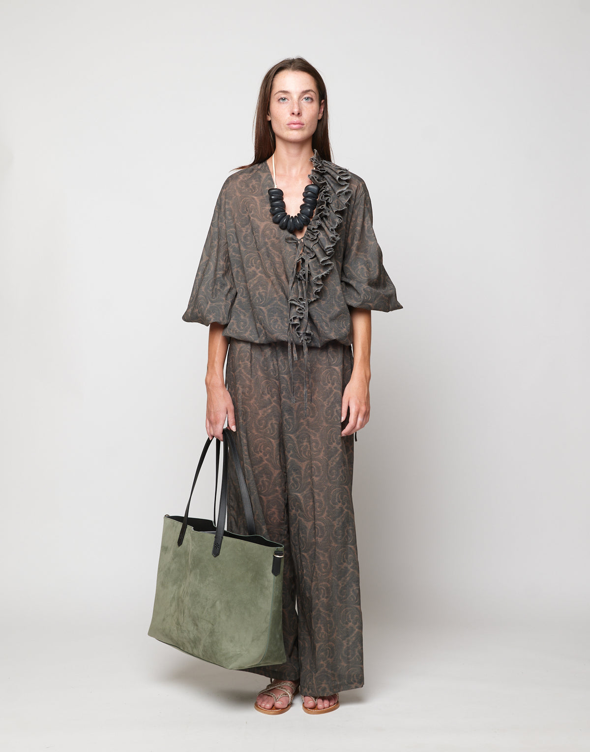 DOUUOD Pantaloni Wide-Leg in Mussola di Cotone Stampa Cashmere Ghisa