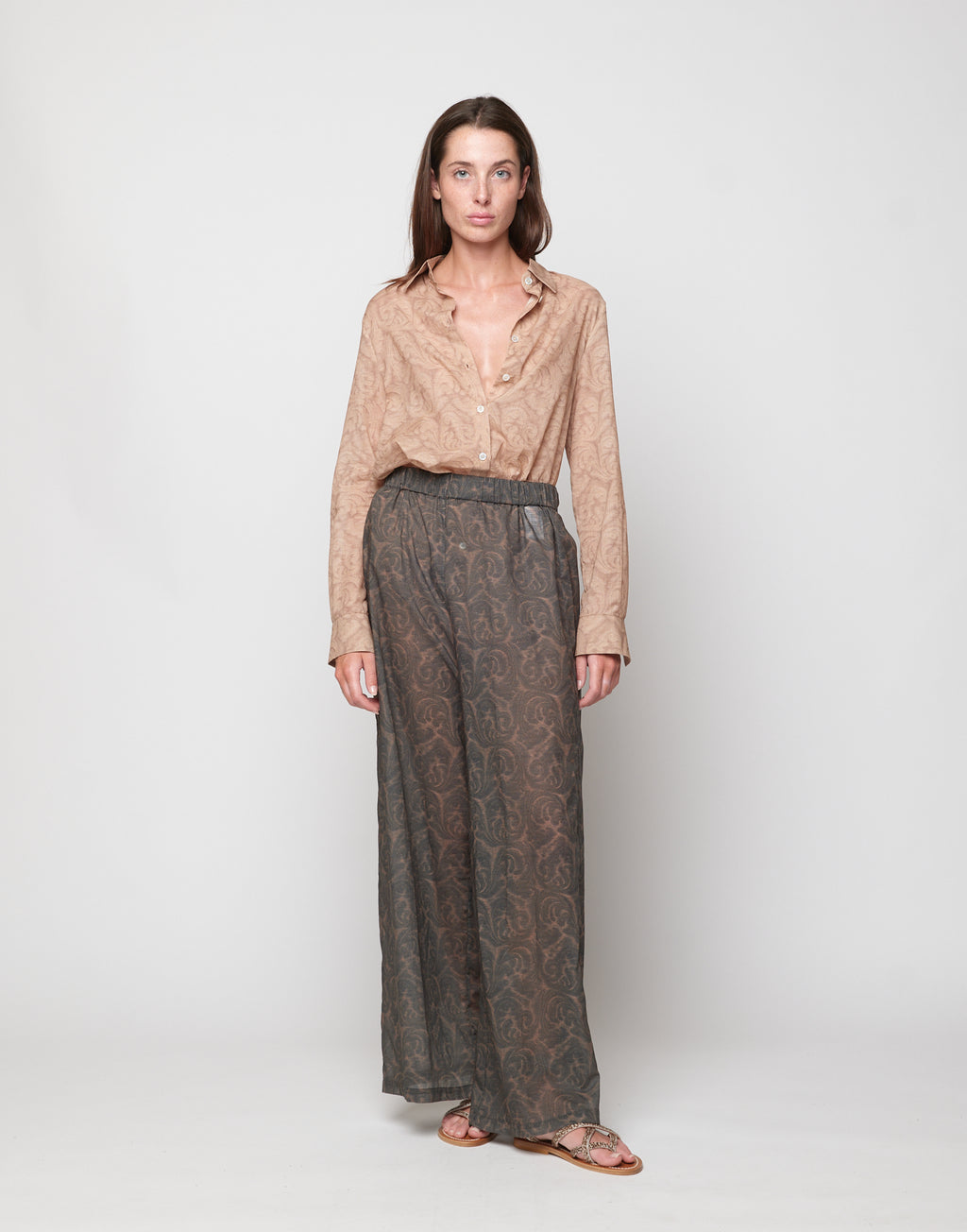 DOUUOD Pantaloni Wide-Leg in Mussola di Cotone Stampa Cashmere Ghisa