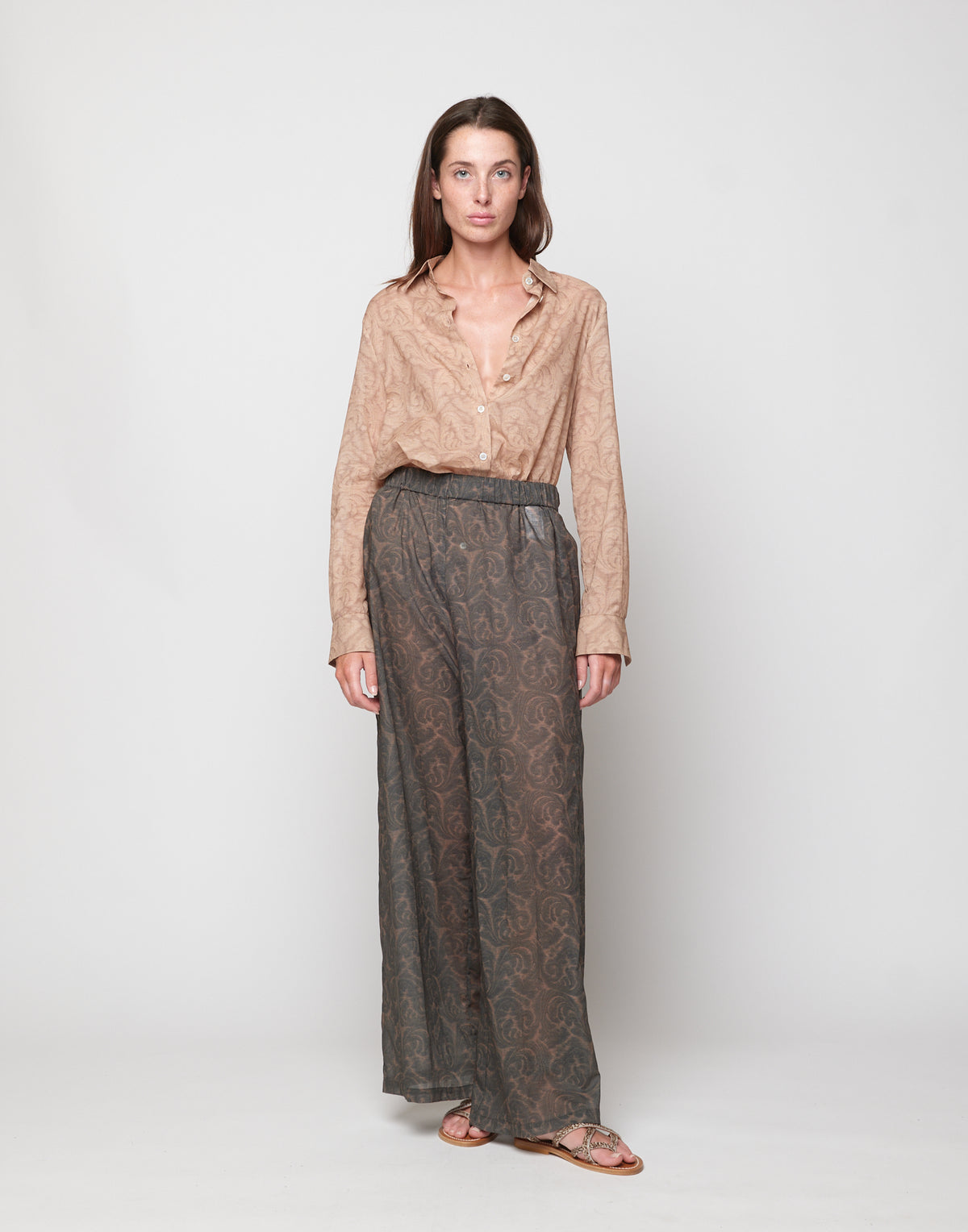 DOUUOD Pantaloni Wide-Leg in Mussola di Cotone Stampa Cashmere Ghisa