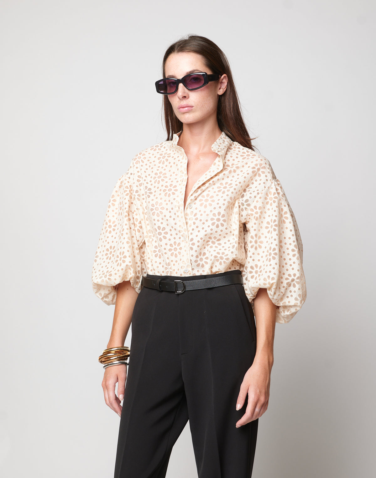 DOUUOD Camicia Coreana con Manica Baloon in Daisy Devorè Cipria