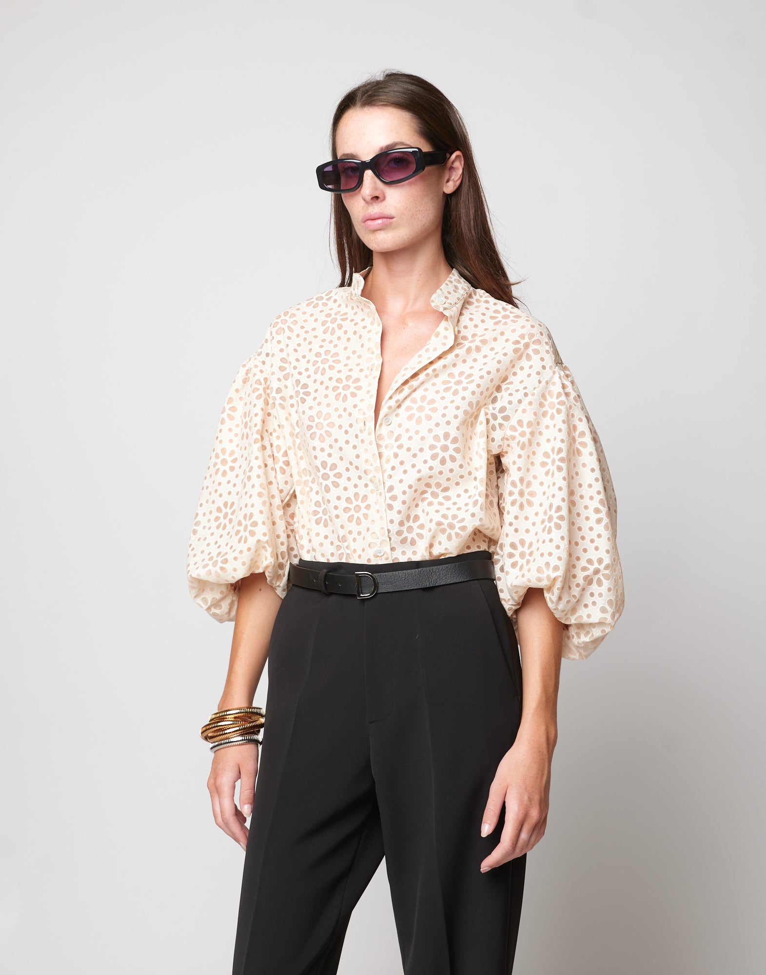 DOUUOD Camicia Coreana con Manica Baloon in Daisy Devorè Cipria