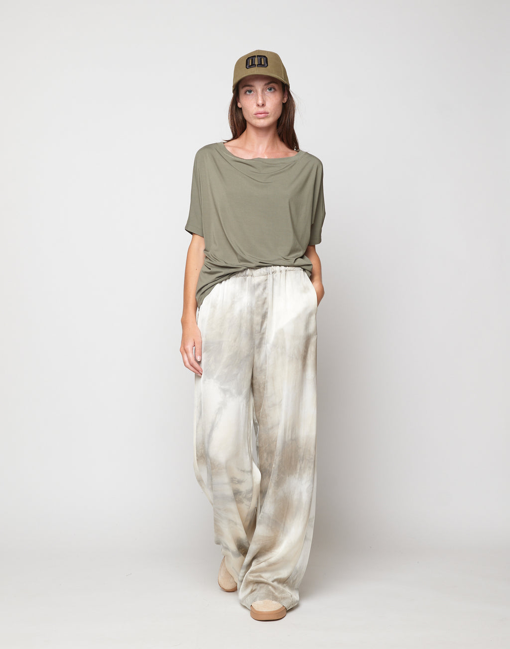 DOUUOD Pantaloni Wide-Leg in Viscosa Tie-Dye Pomice