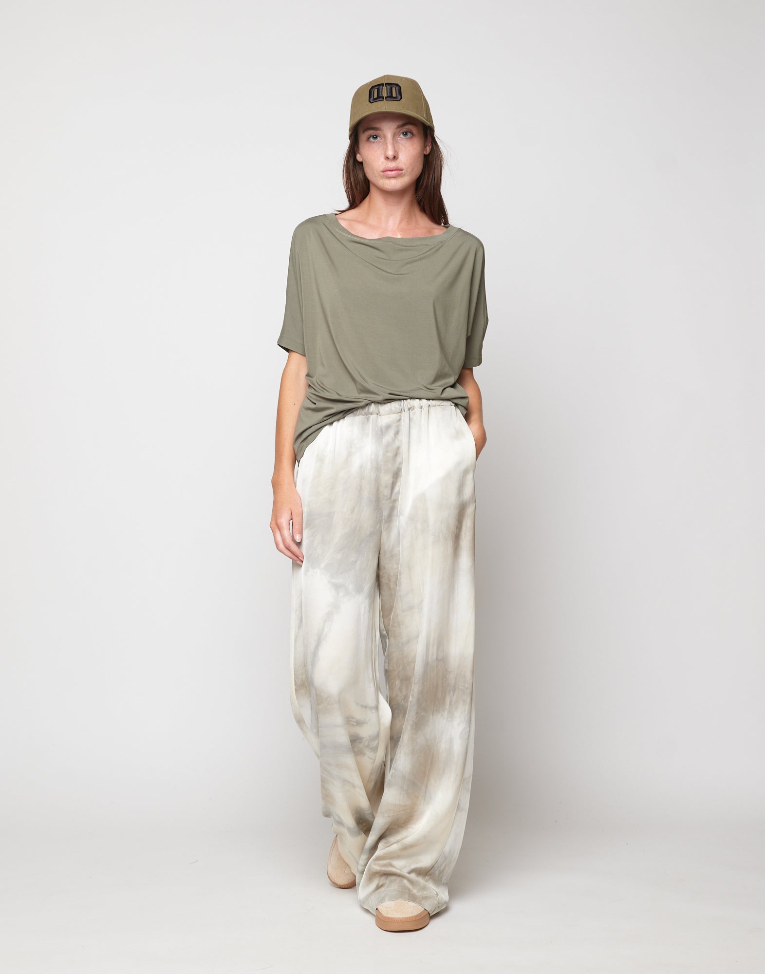 DOUUOD Pantaloni Wide-Leg in Viscosa Tie-Dye Pomice