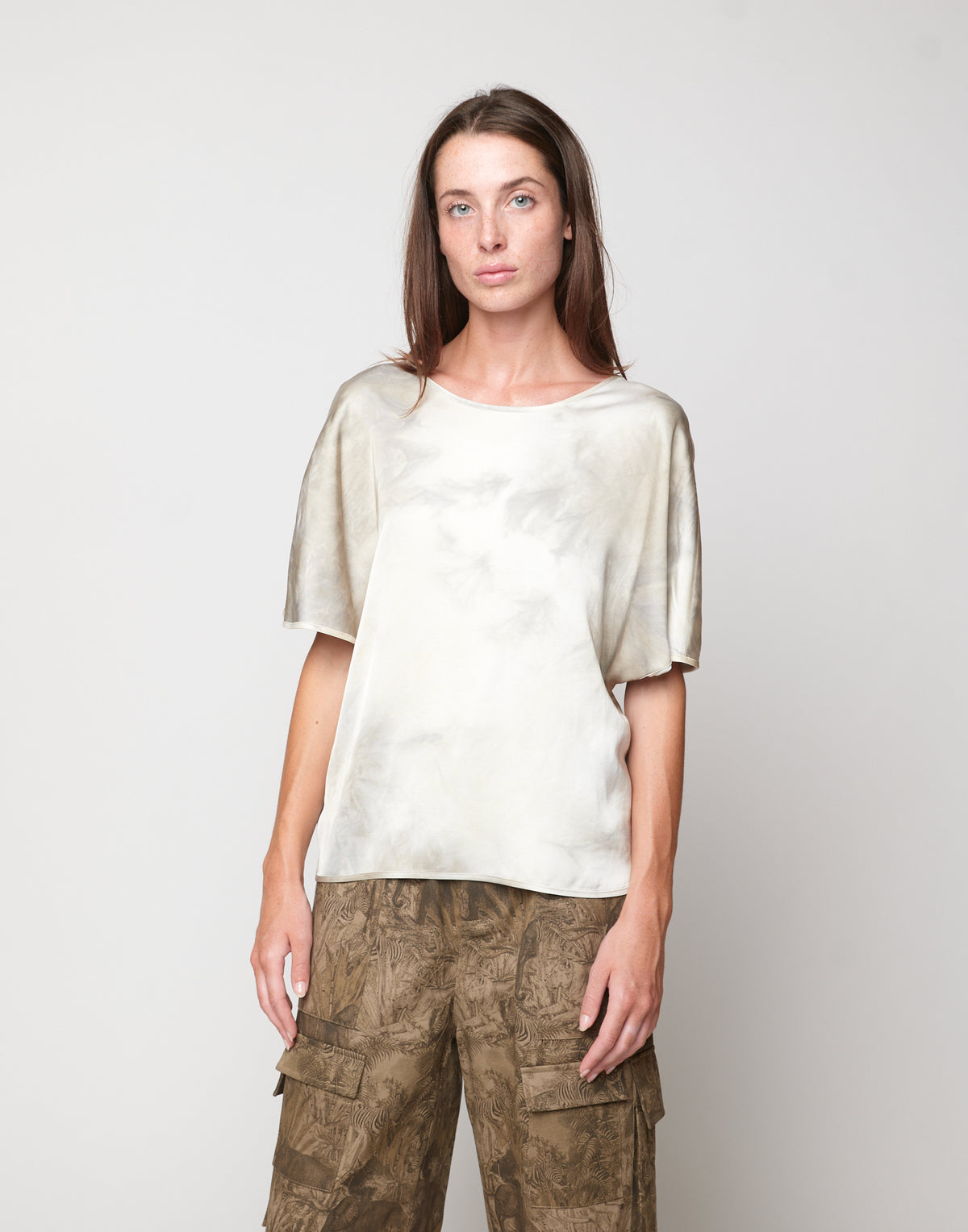 DOUUOD Blusa Kimono in Viscosa Tie-Dye Pomice