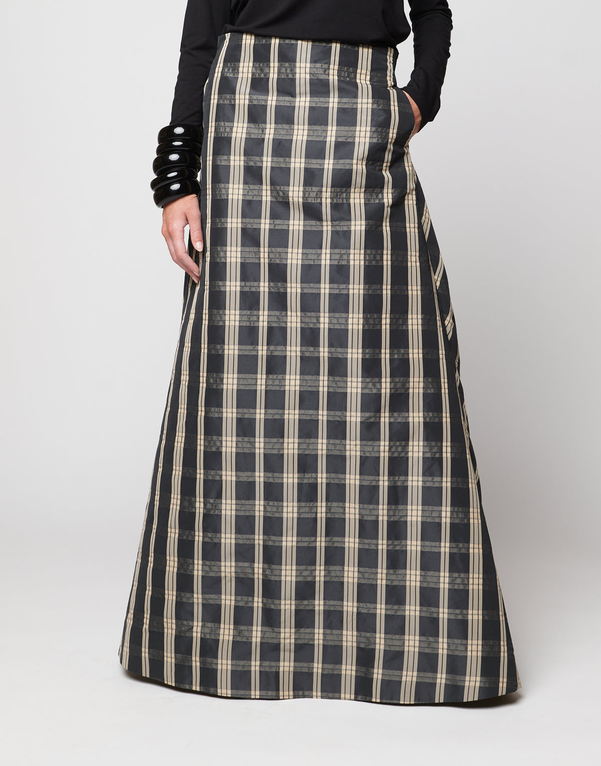 DOUUOD Jupe longue en taffetas Madras noir/sable