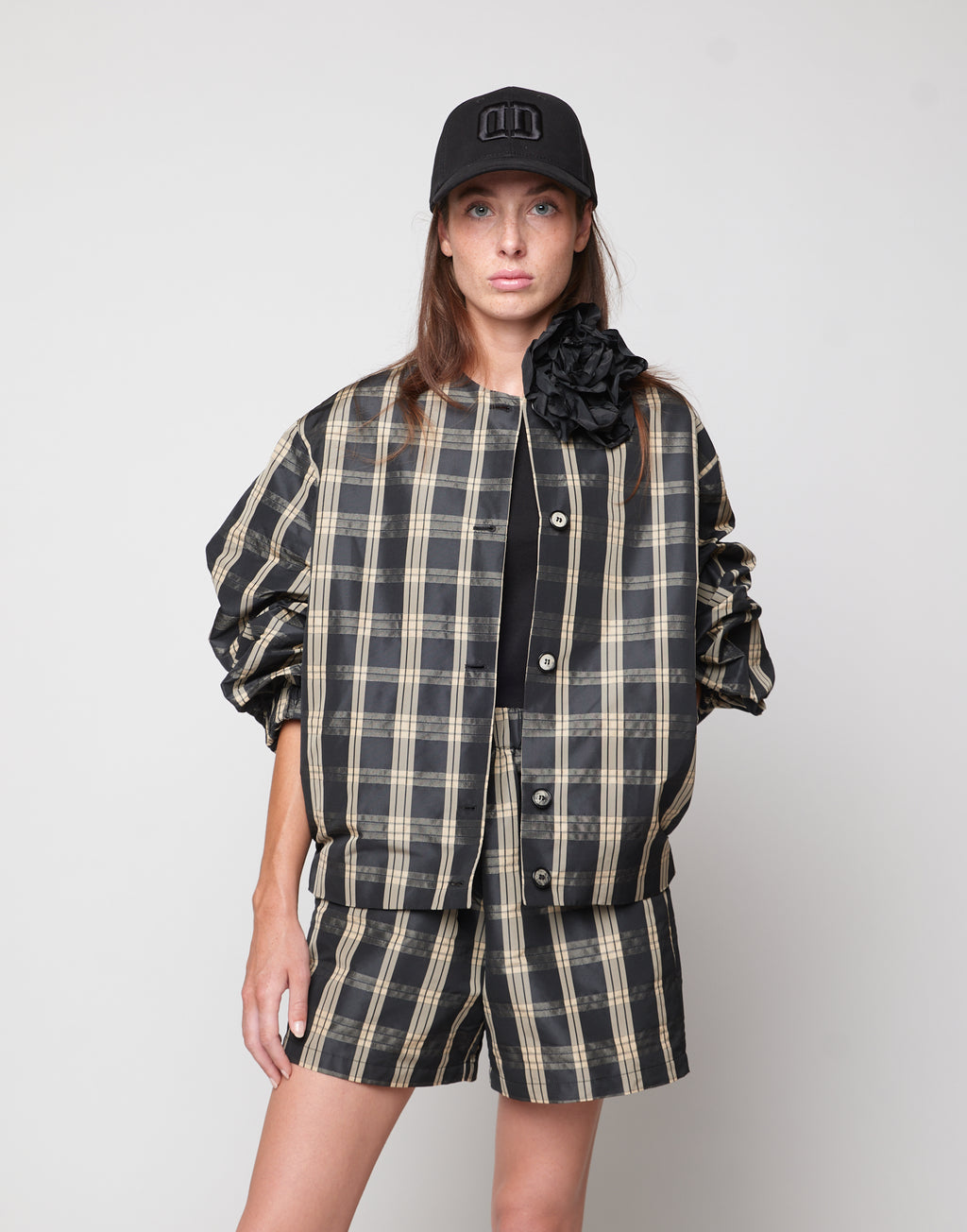DOUUOD Bomber Foderato in Taffetà Madras Nero/Sabbia