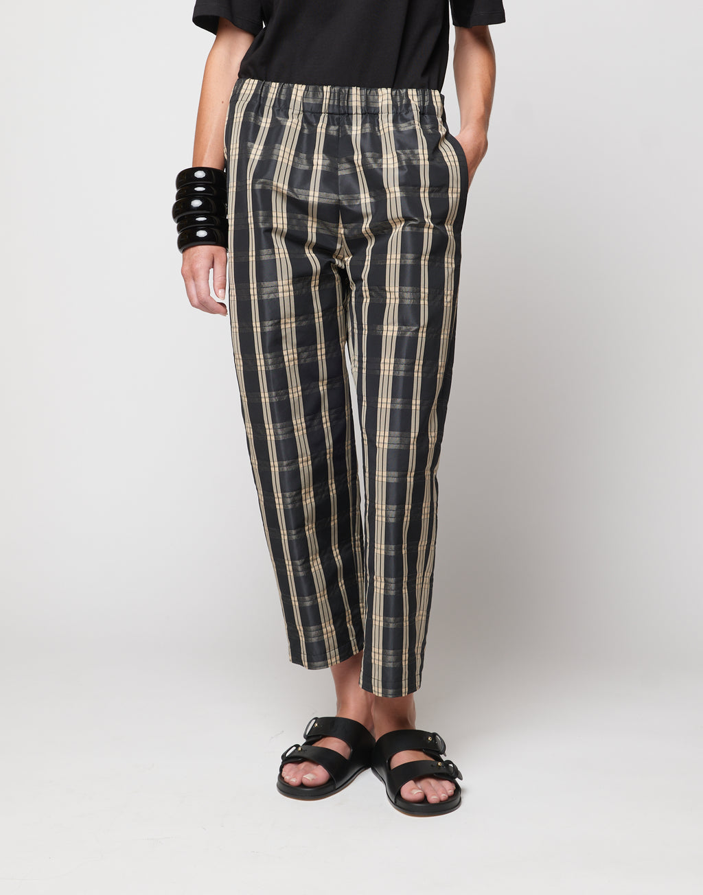 DOUUOD Pantaloni Japan in Taffetà Madras Madras Nero/Sabbia