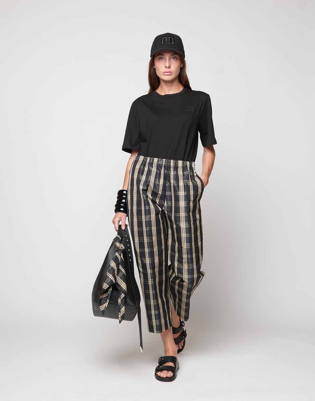 DOUUOD Pantaloni Japan in Taffetà Madras Madras Nero/Sabbia