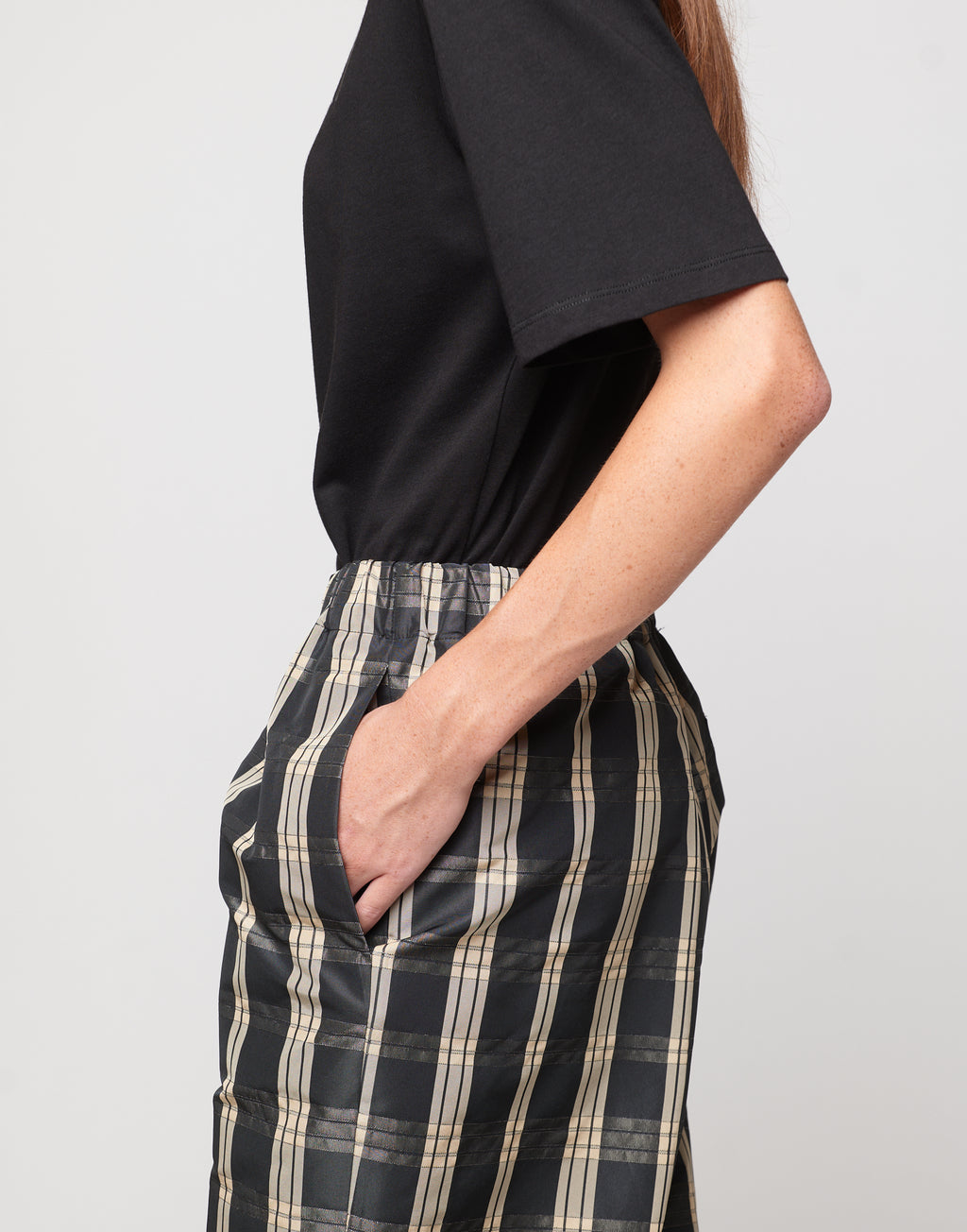 DOUUOD Pantaloni Japan in Taffetà Madras Madras Nero/Sabbia