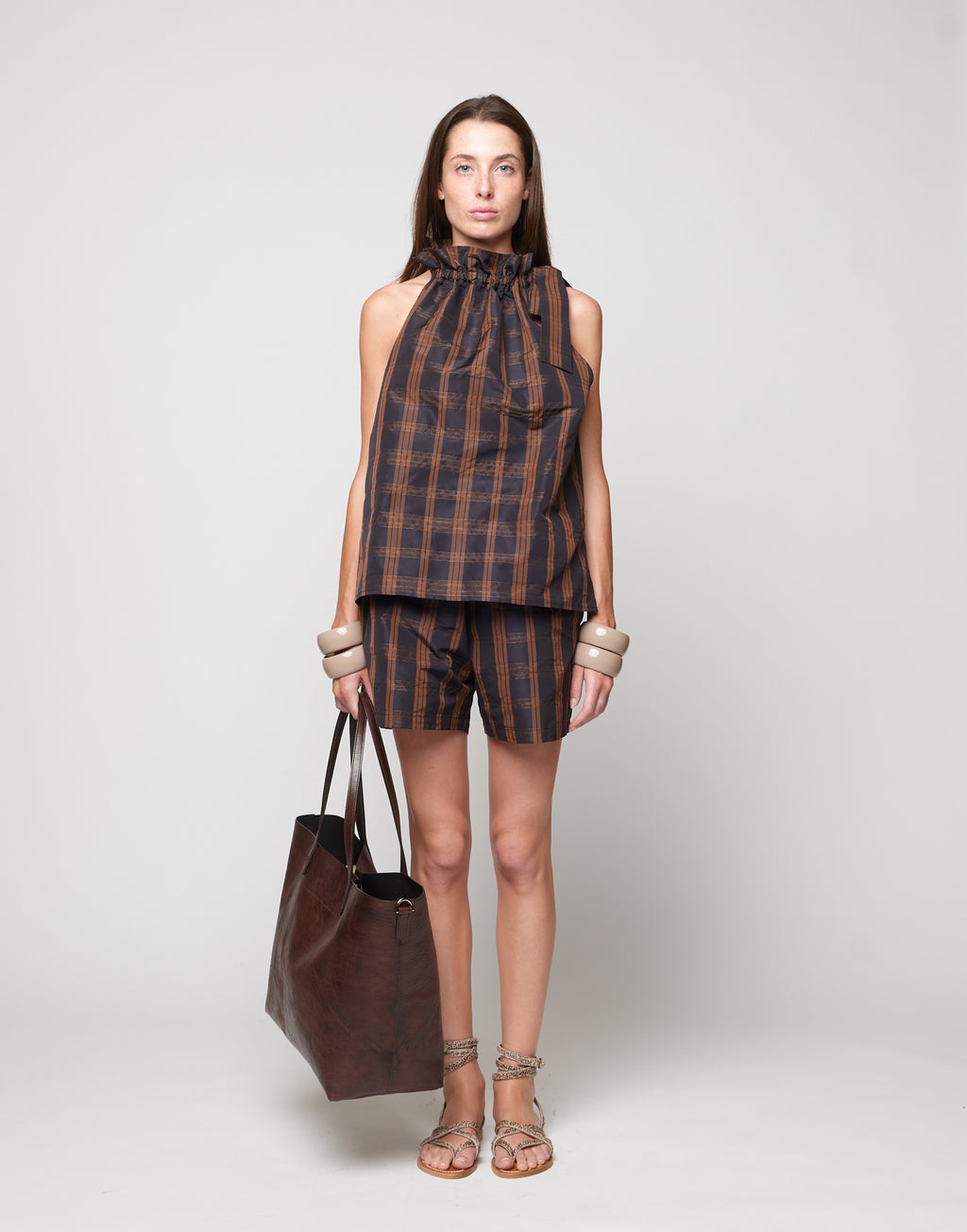 DOUUOD Shorts in Taffetà Madras Nero/Gianduia