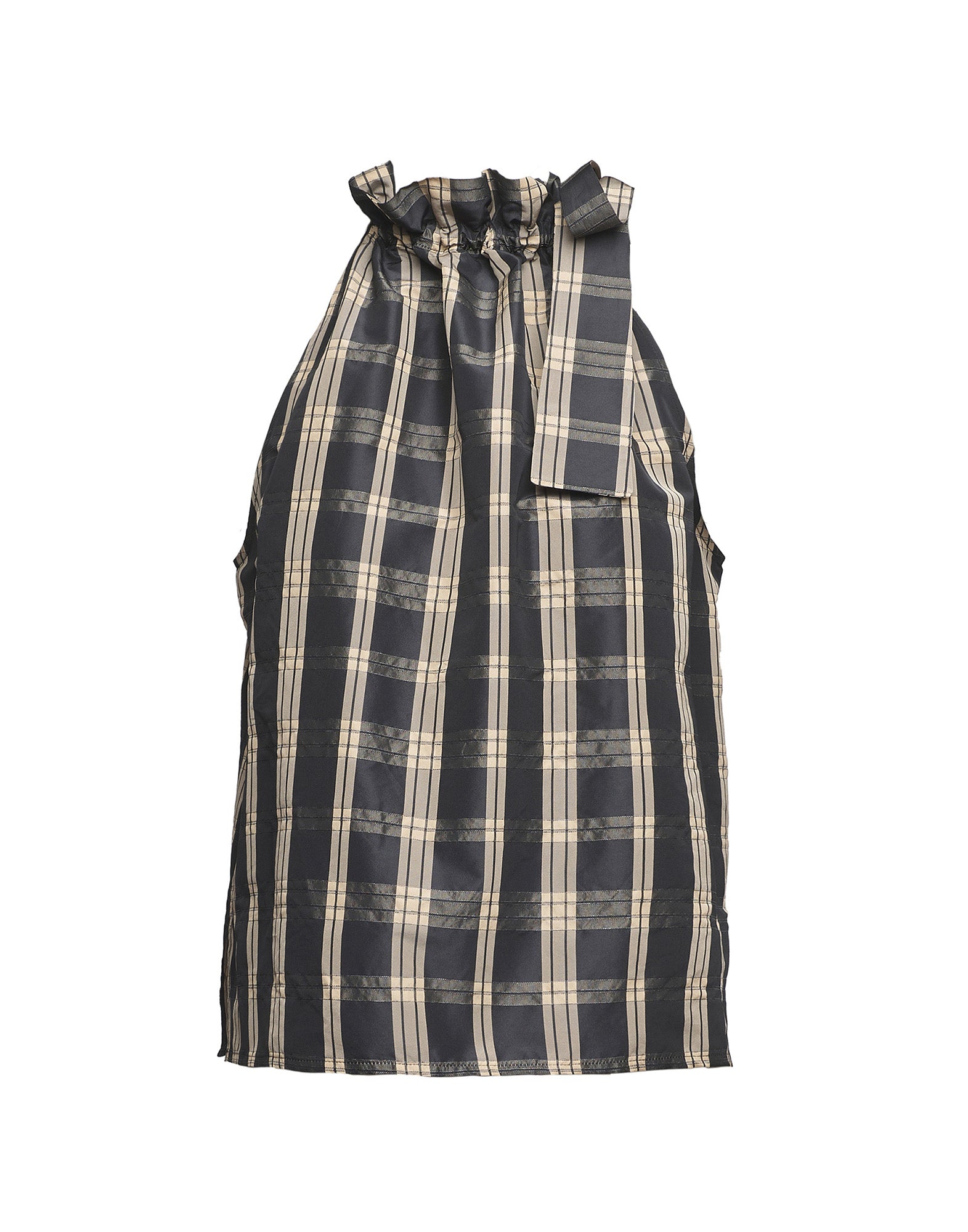 DOUUOD Top Halter Arricciato con Nastro in Taffetà Madras Nero/Sabbia