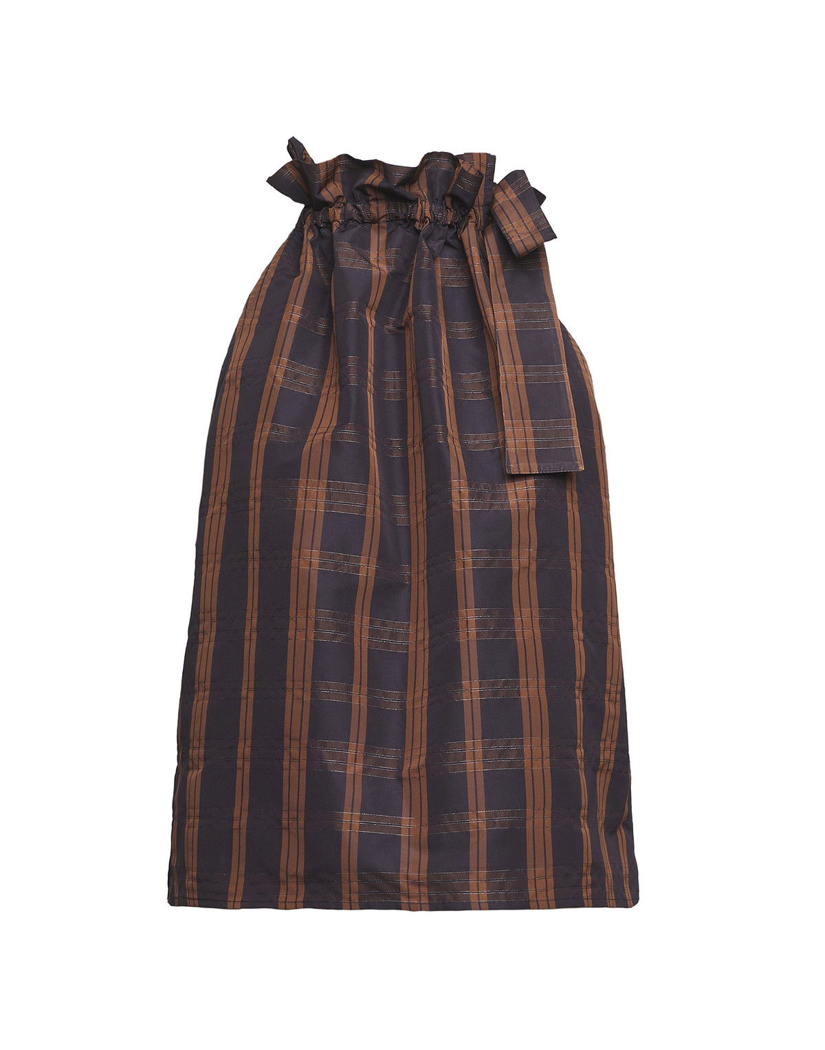 DOUUOD Top Halter Arricciato con Nastro in Taffetà Madras Nero/Gianduia