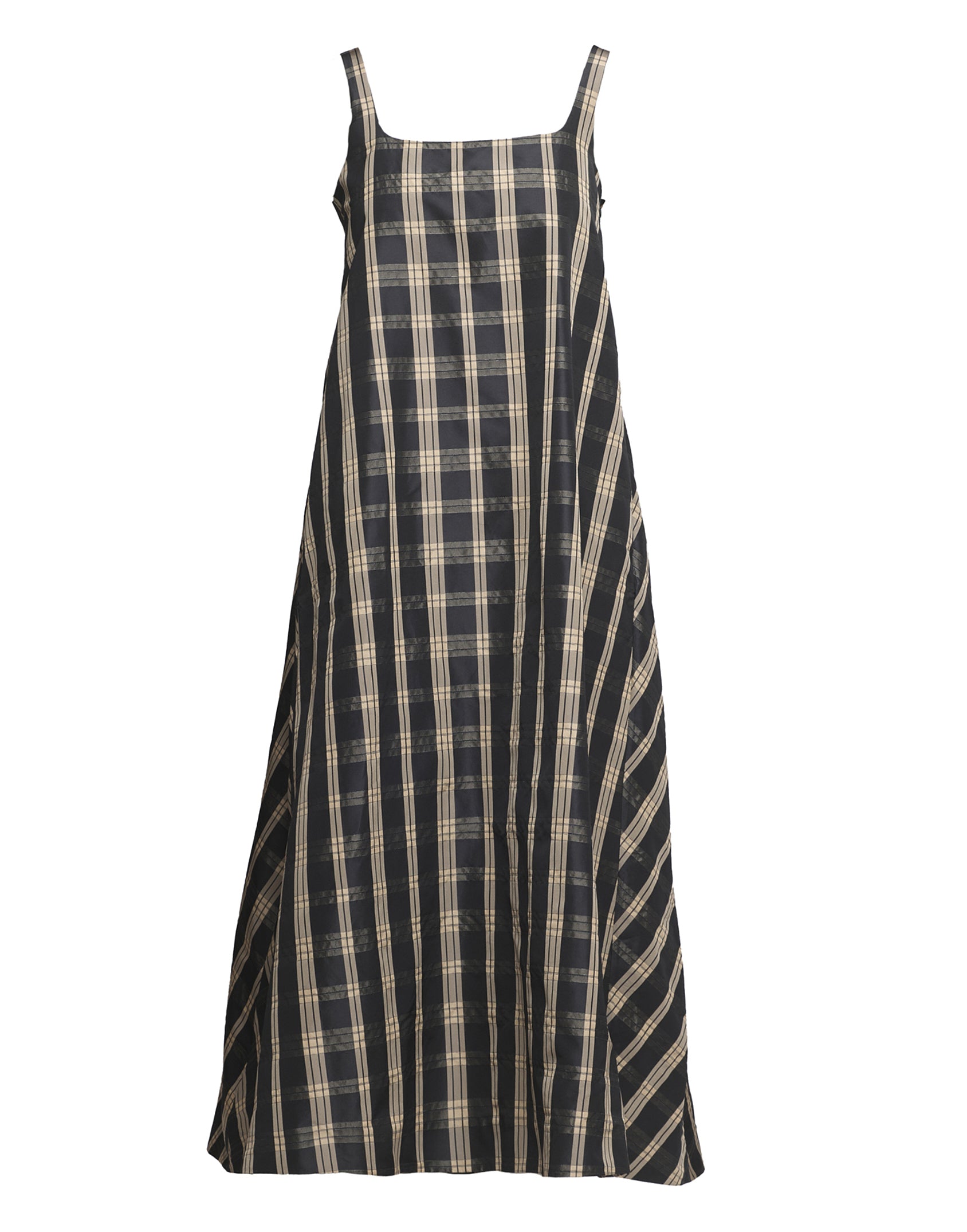 DOUUOD Abito Lungo in Taffetà Madras Nero/Sabbia