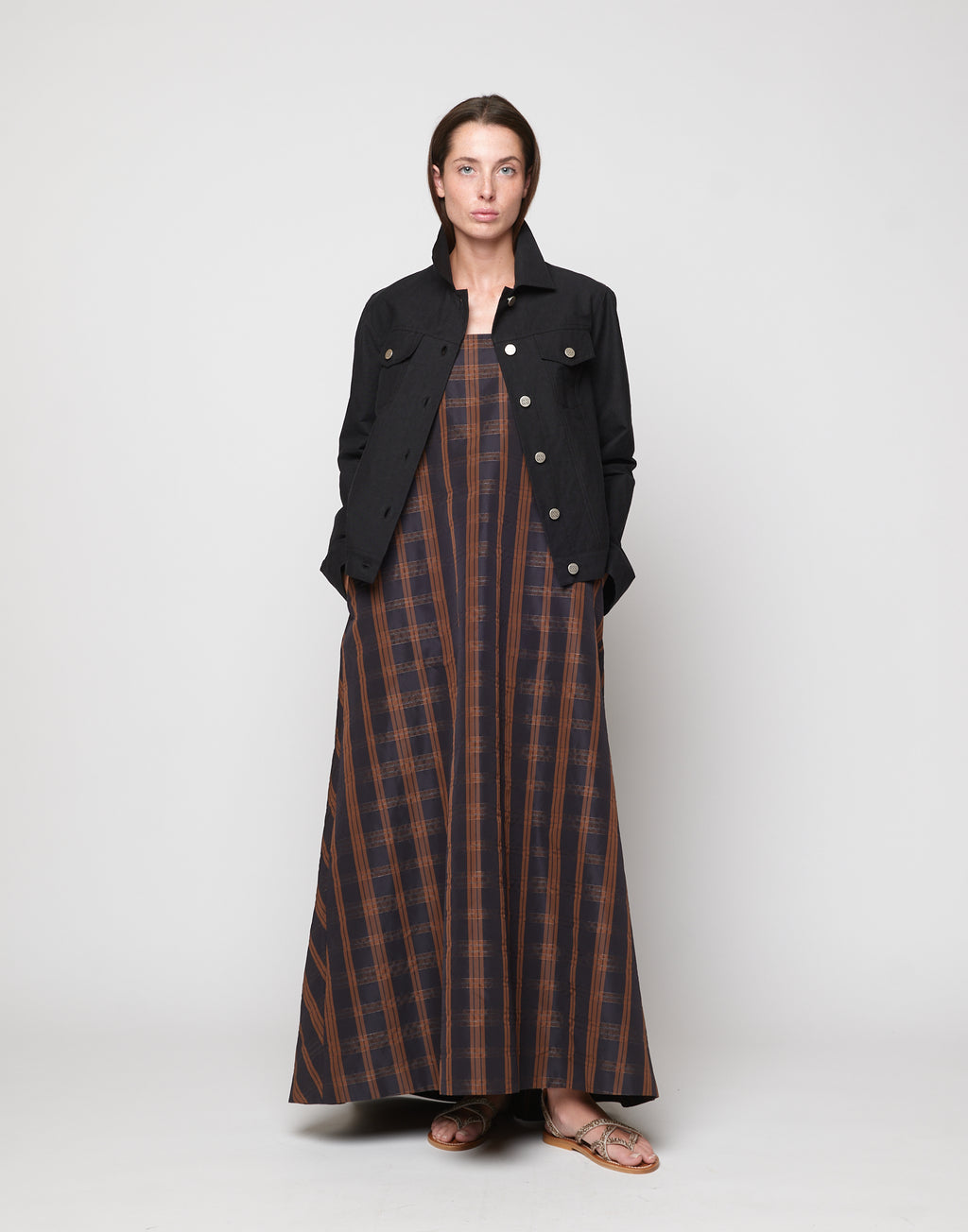 DOUUOD Abito Lungo in Taffetà Madras Nero/Gianduia