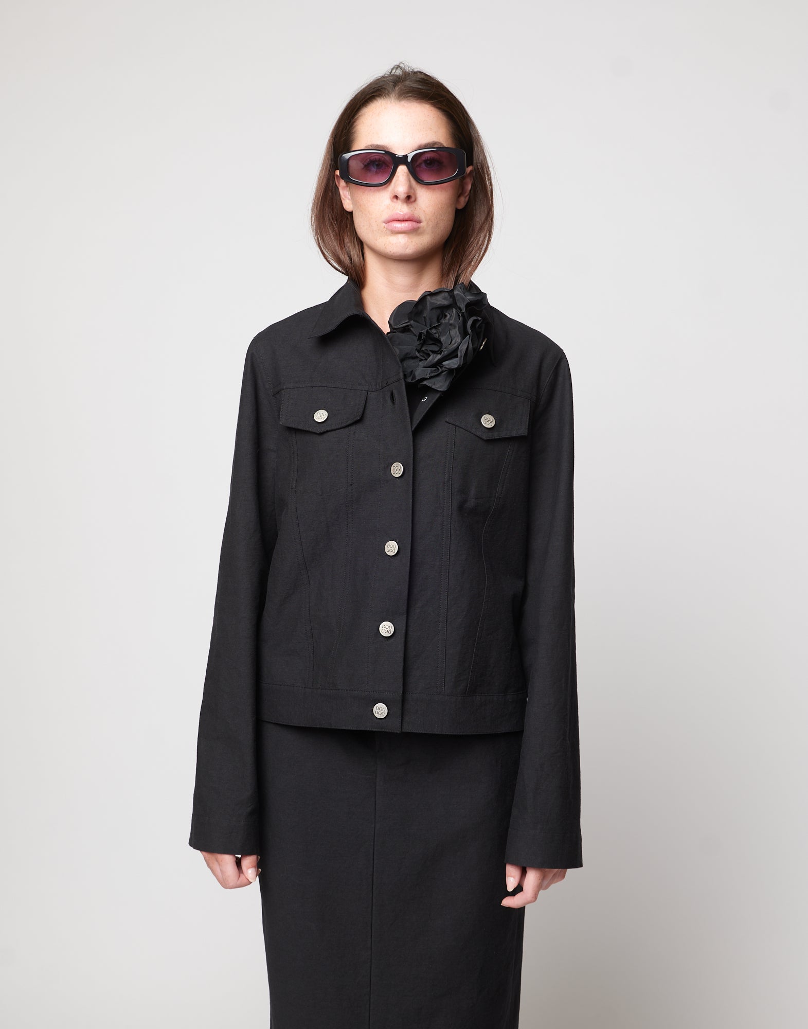 DOUUOD Giacca Taglio Denim in Cotone Froissè Nero