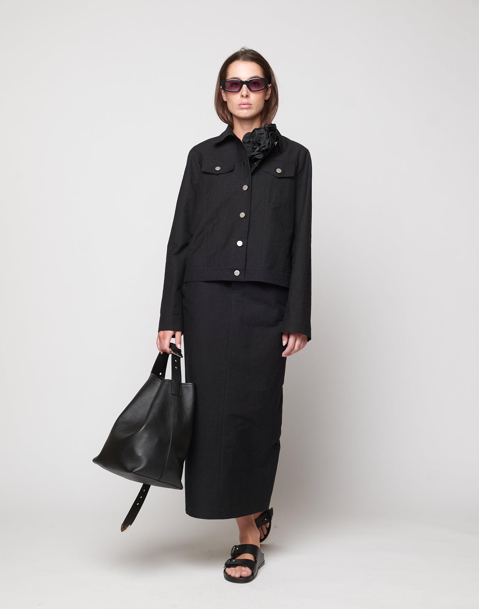 DOUUOD Giacca Taglio Denim in Cotone Froissè Nero