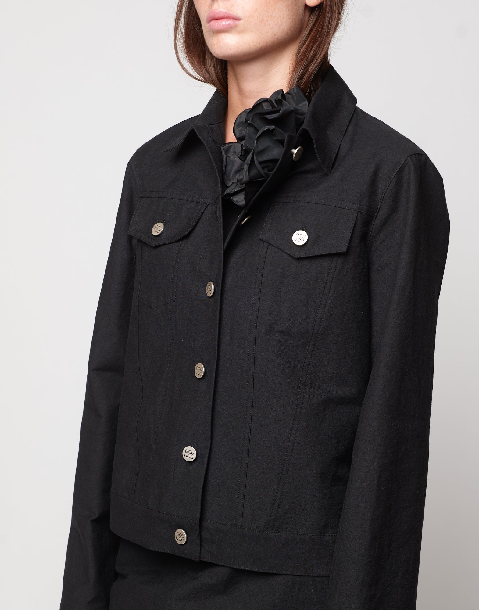 DOUUOD Giacca Taglio Denim in Cotone Froissè Nero