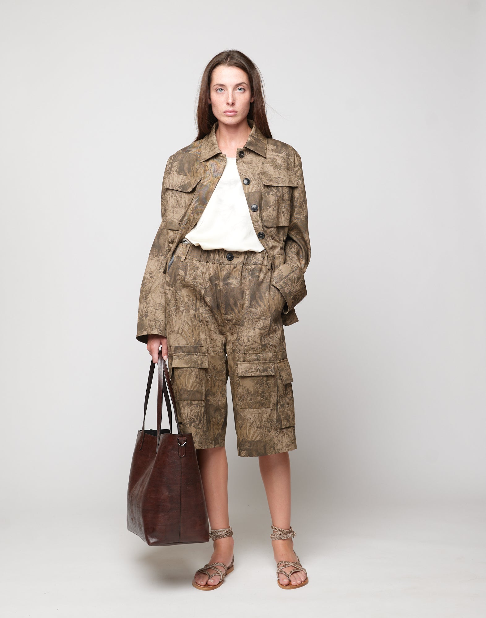 DOUUOD Bermuda Cargo in Drill di Cotone Stampa Jungle