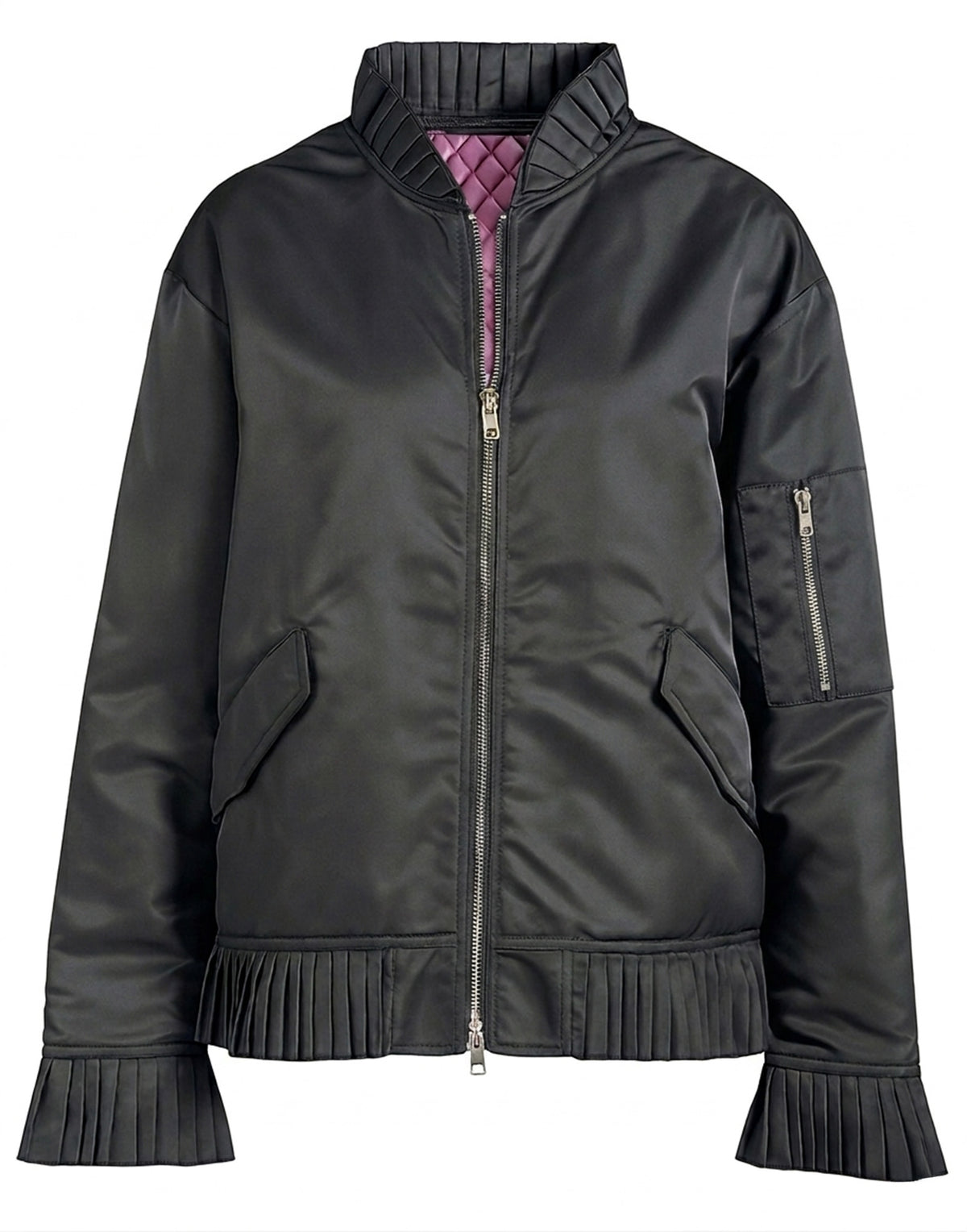 DOUUOD Bomber in Tecno Raso con Dettagli Plissé Lavagna