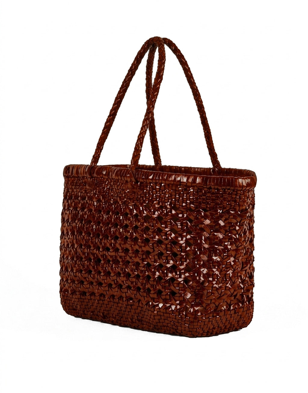 DOUUOD Shopping Bag in Pelle Intrecciata e Traforata Cognac