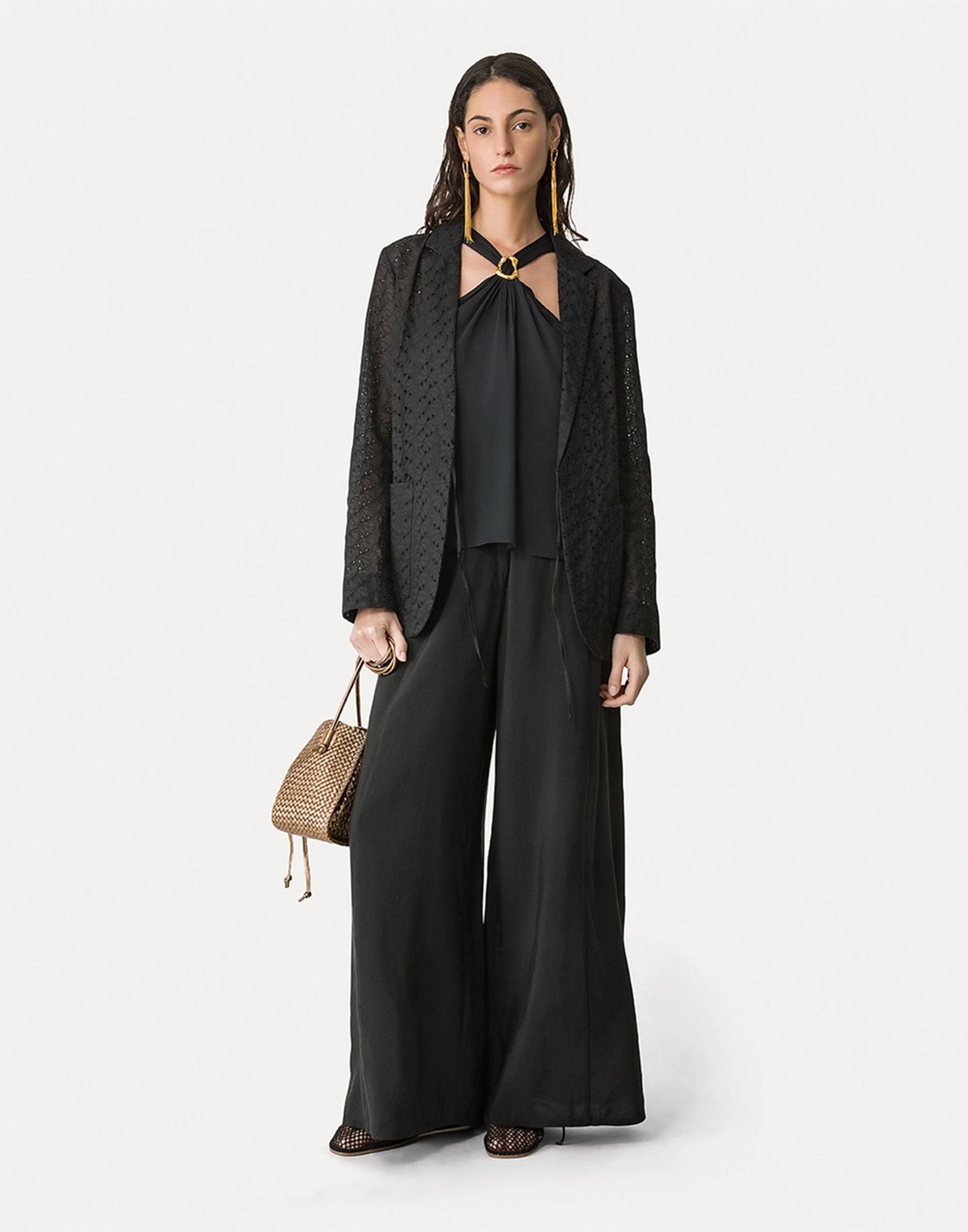 FORTE FORTE Pantaloni Flared in Lino e Viscosa Neri