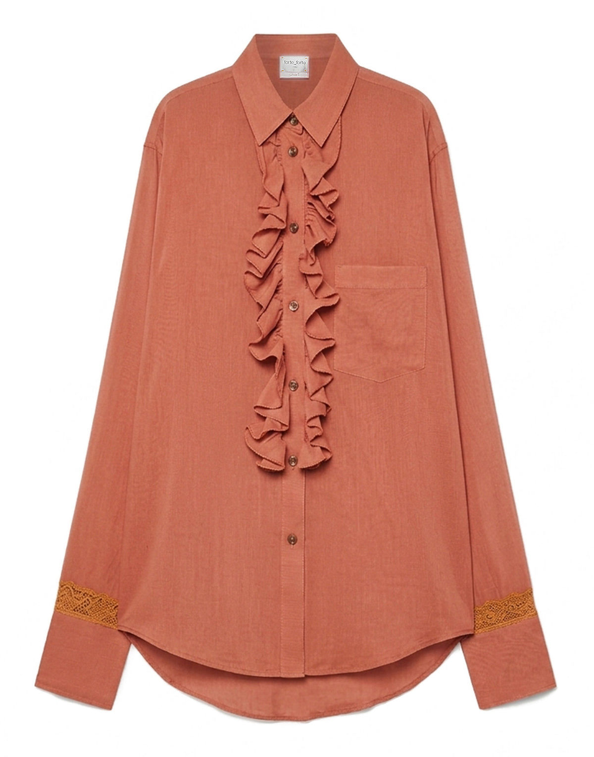 FORTE FORTE Camicia in Voile di Cotone e Seta con Rouches e Pizzo Roseo