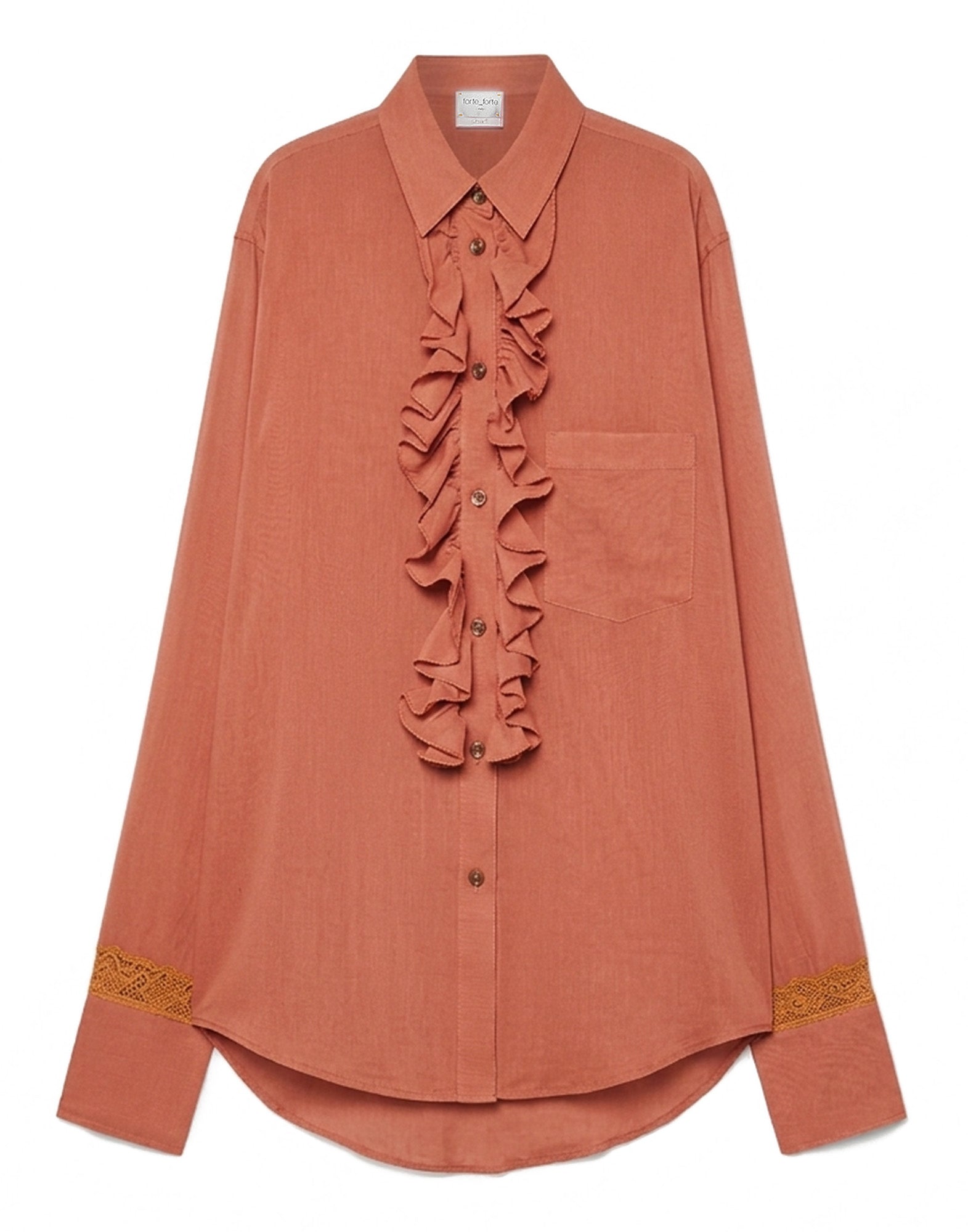 FORTE FORTE Camicia in Voile di Cotone e Seta con Rouches e Pizzo Roseo