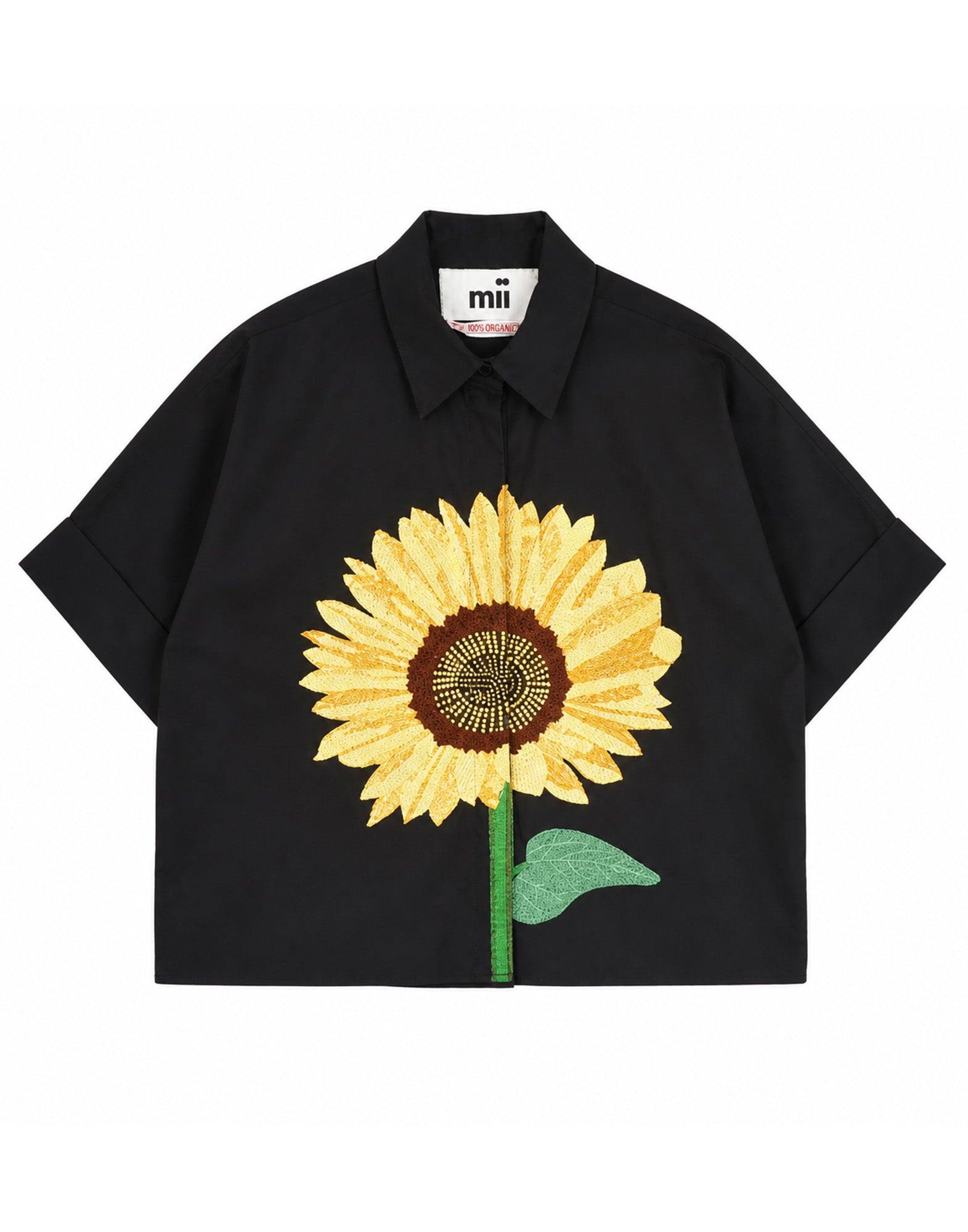 MII Camicia in Cotone Popeline con Ricamo Girasole Nera