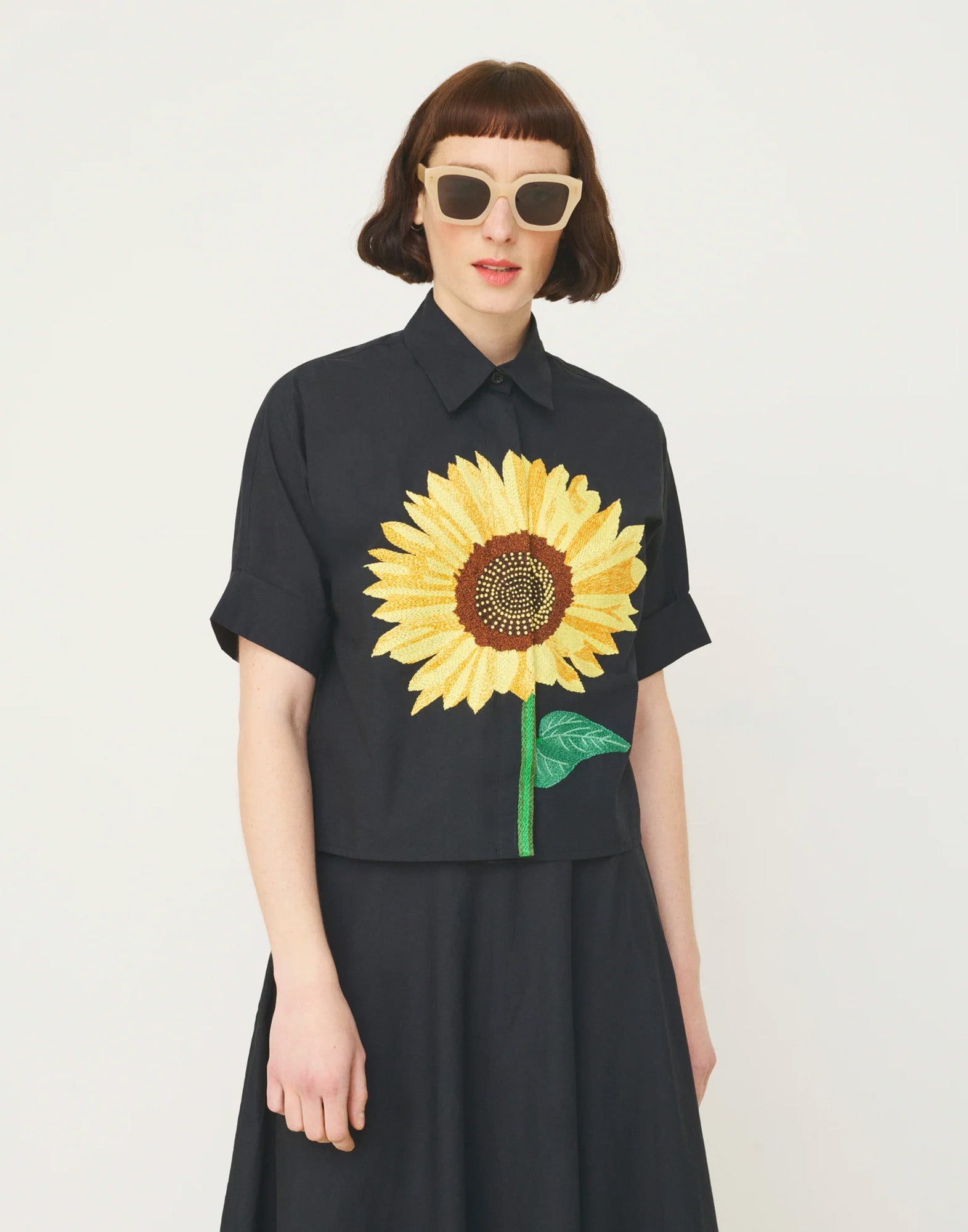 MII Camicia in Cotone Popeline con Ricamo Girasole Nera