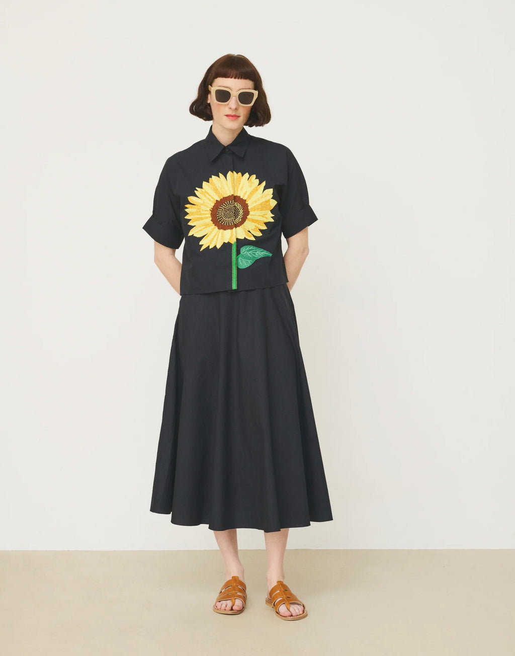MII Camicia in Cotone Popeline con Ricamo Girasole Nera