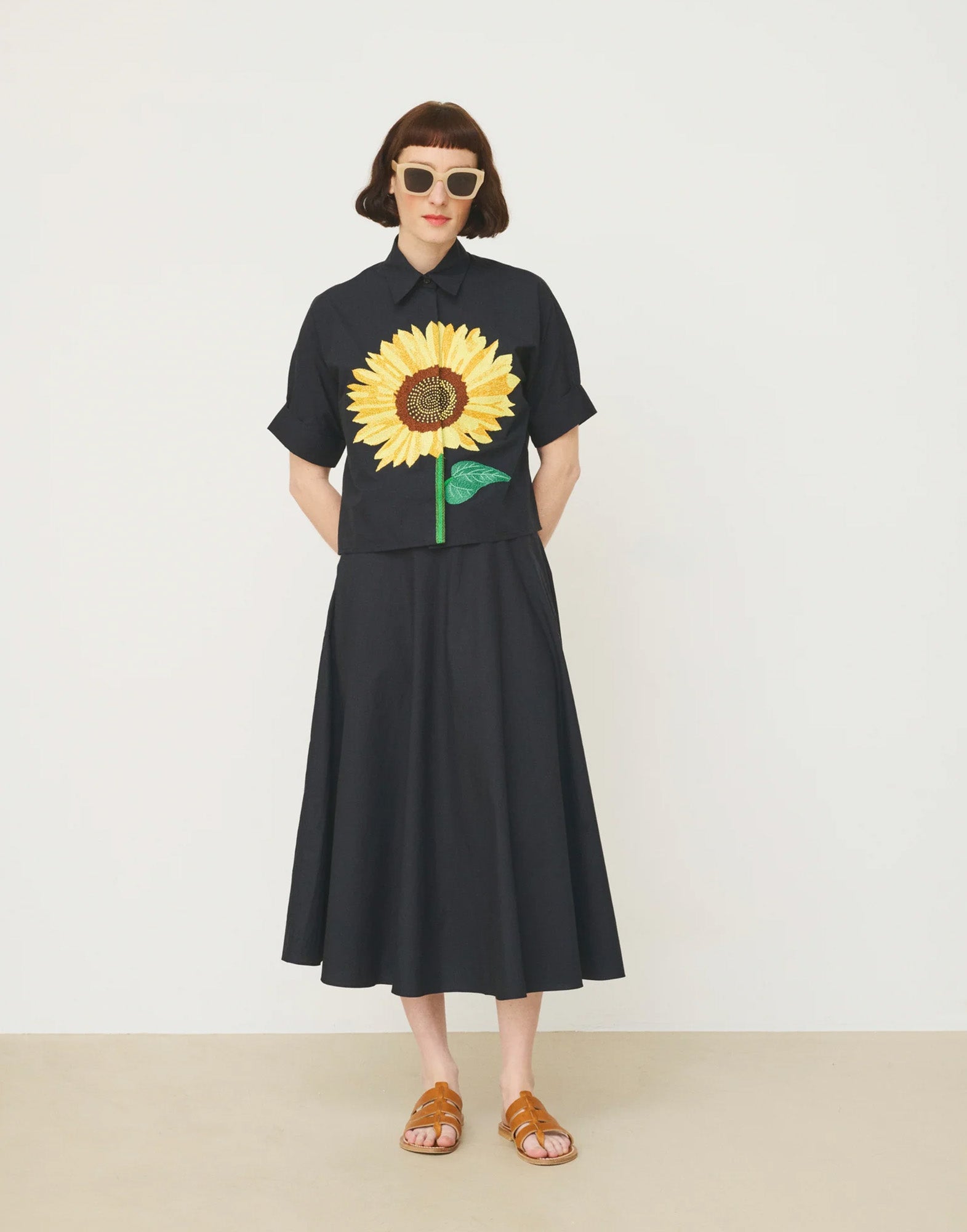 MII Camicia in Cotone Popeline con Ricamo Girasole Nera