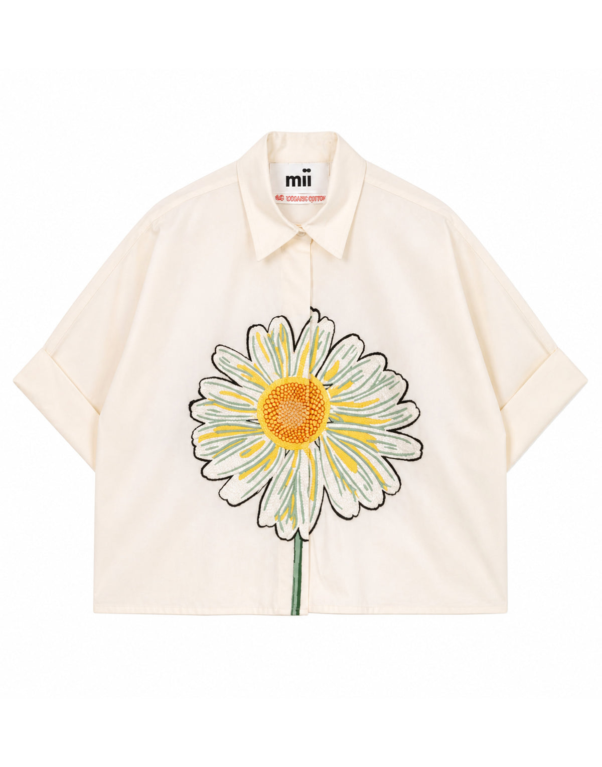 MII Camicia in Cotone Popeline con Ricamo Girasole Crema