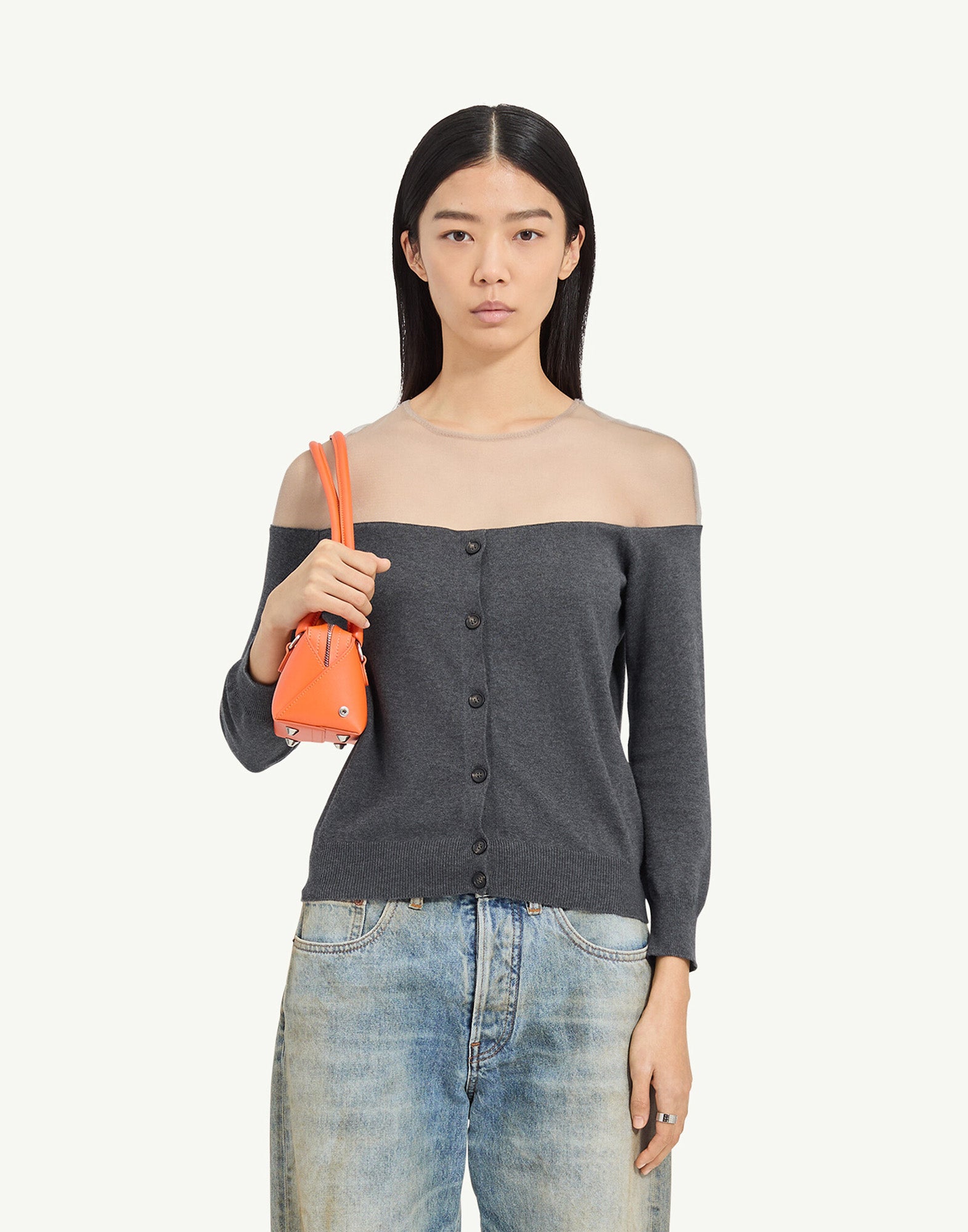 MM6 MAISON MARGIELA Cardigan in Maglia Grigio Melange con Inserto Trasparente