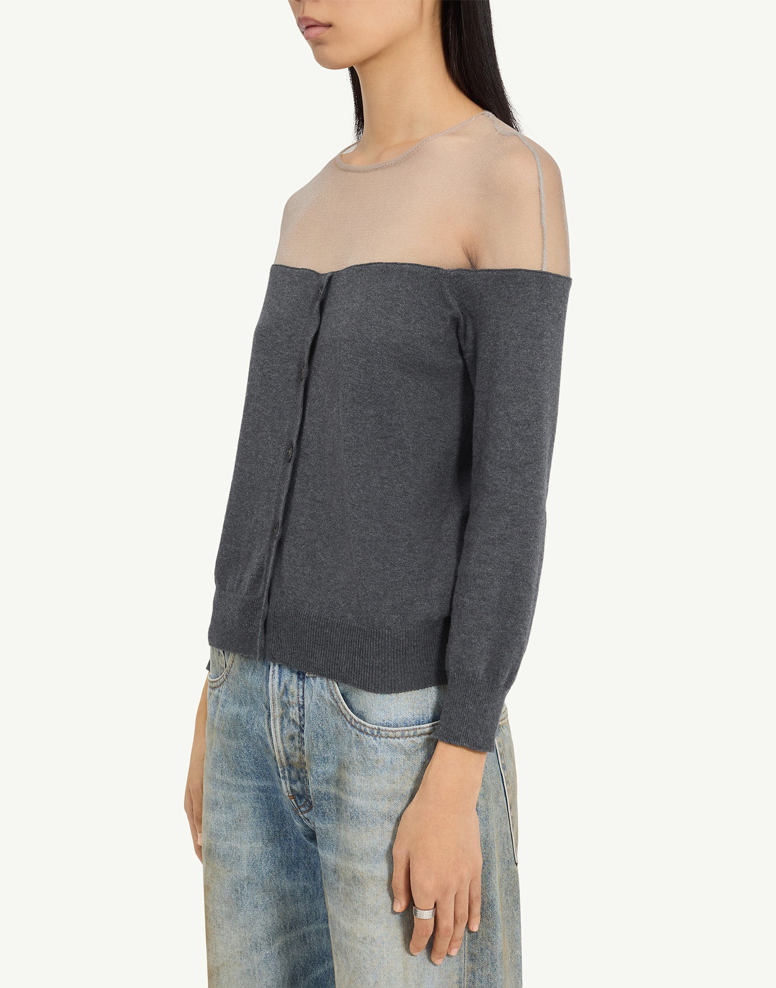 MM6 MAISON MARGIELA Cardigan in Maglia Grigio Melange con Inserto Trasparente