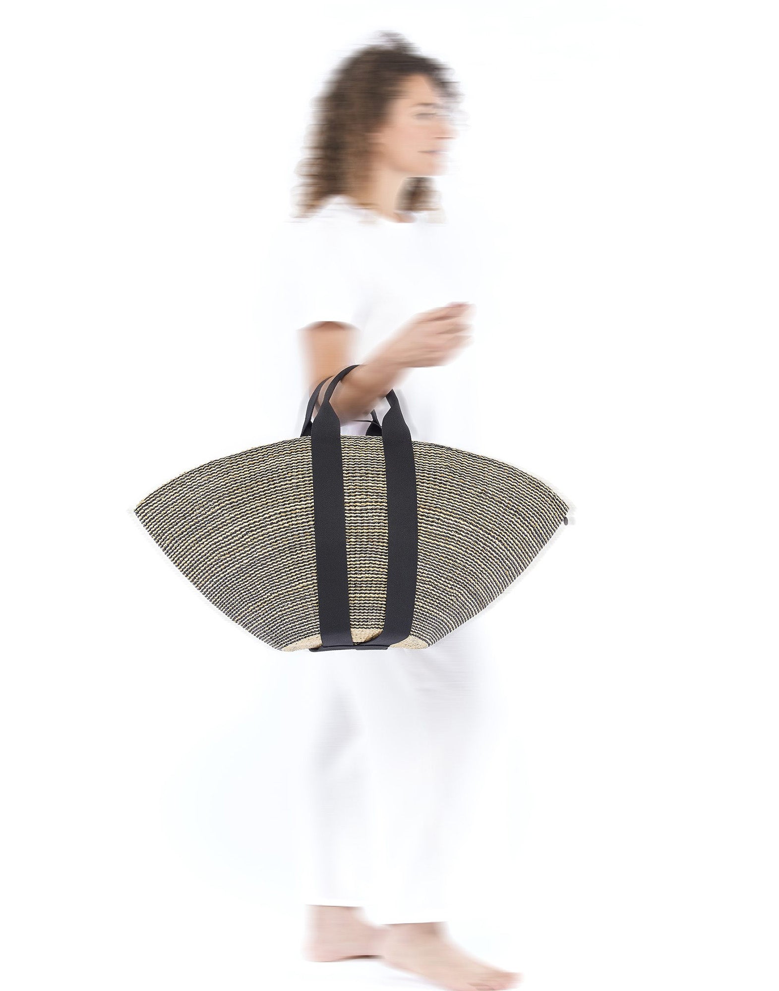 MUUN Borsa in Paglia Maxi Sophie HStripe con Pouch Interna Natural/Black