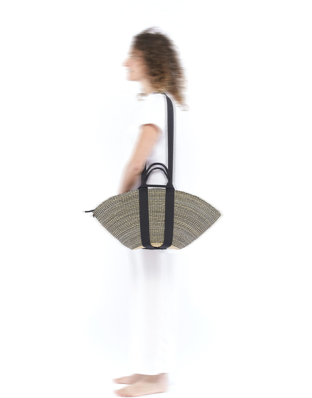 MUUN Borsa in Paglia Sophie HStripe con Pouch Interna Natural/Black