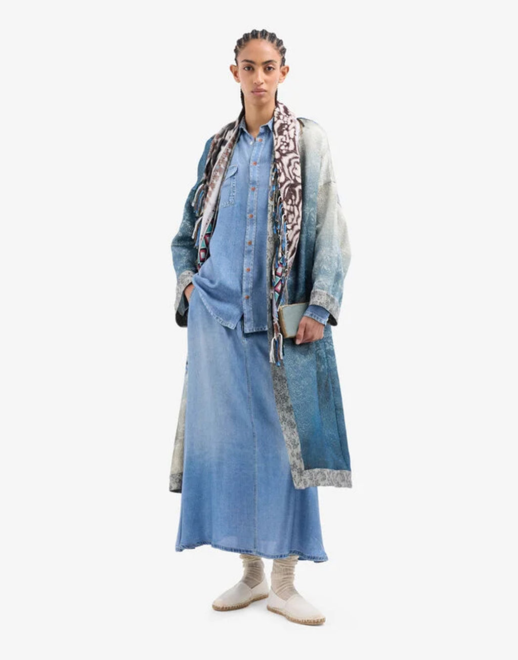 PIERRE-LOUIS MASCIA Gonna Midi in Seta Stampa Denim