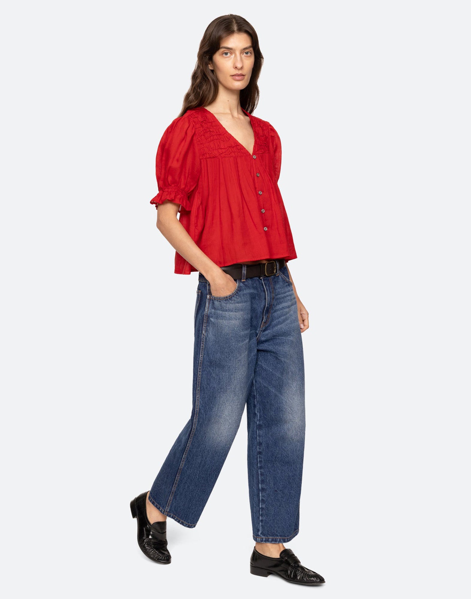 SEA NY Imogen Top Manica Corta in Ramie con Maniche a Sbuffo Red