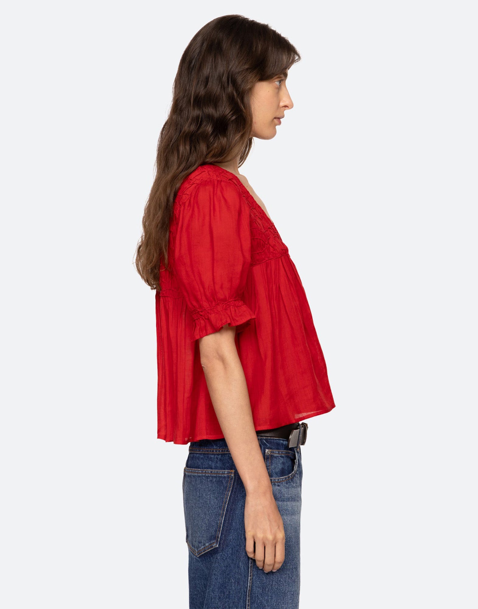 SEA NY Imogen Top Manica Corta in Ramie con Maniche a Sbuffo Red